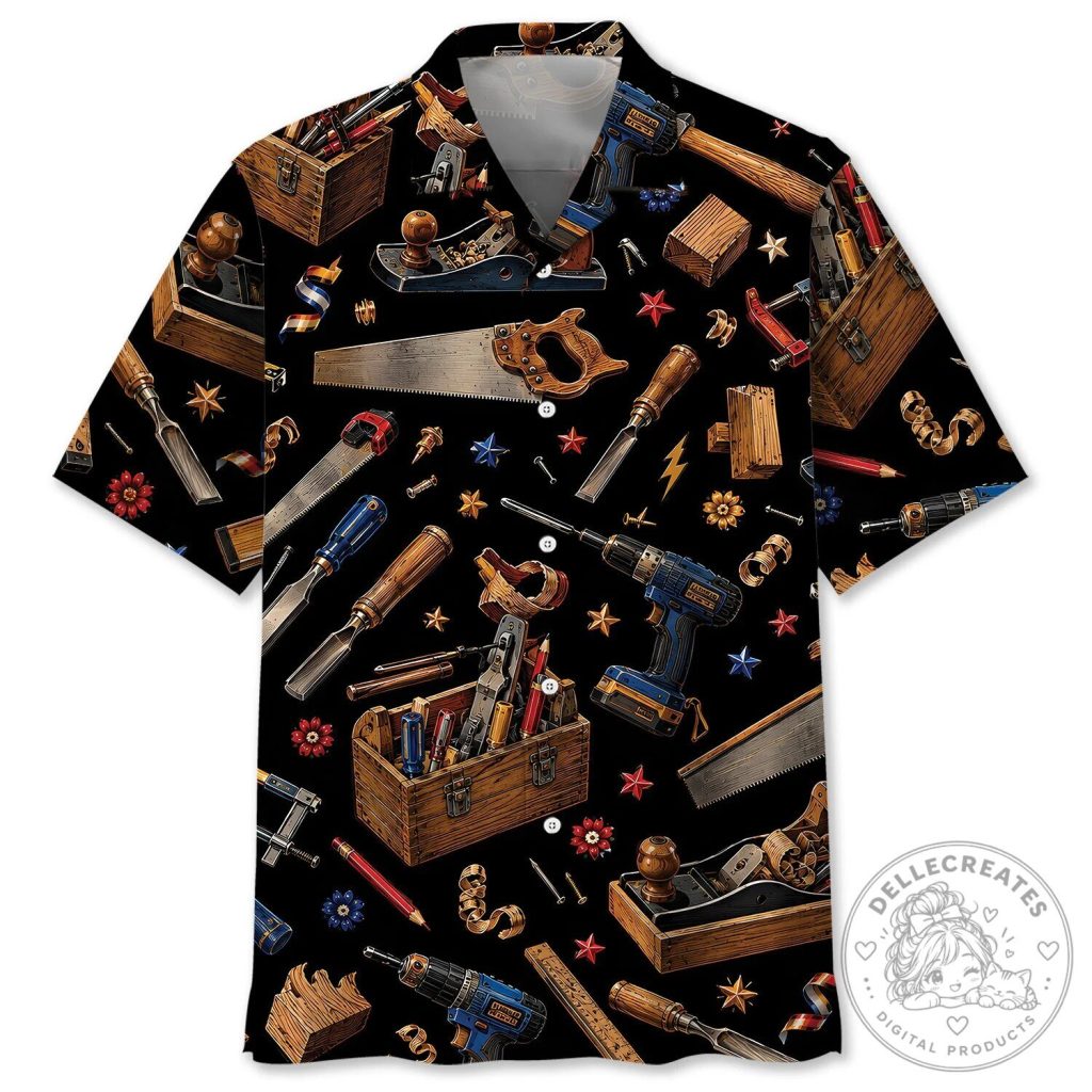 Carpenter Retro Art Black Hawaiian Shirt with Woodworking Tools Design 16 Carpenter Retro Art Black Hawaiian Shirt with Woodworking Tools Design