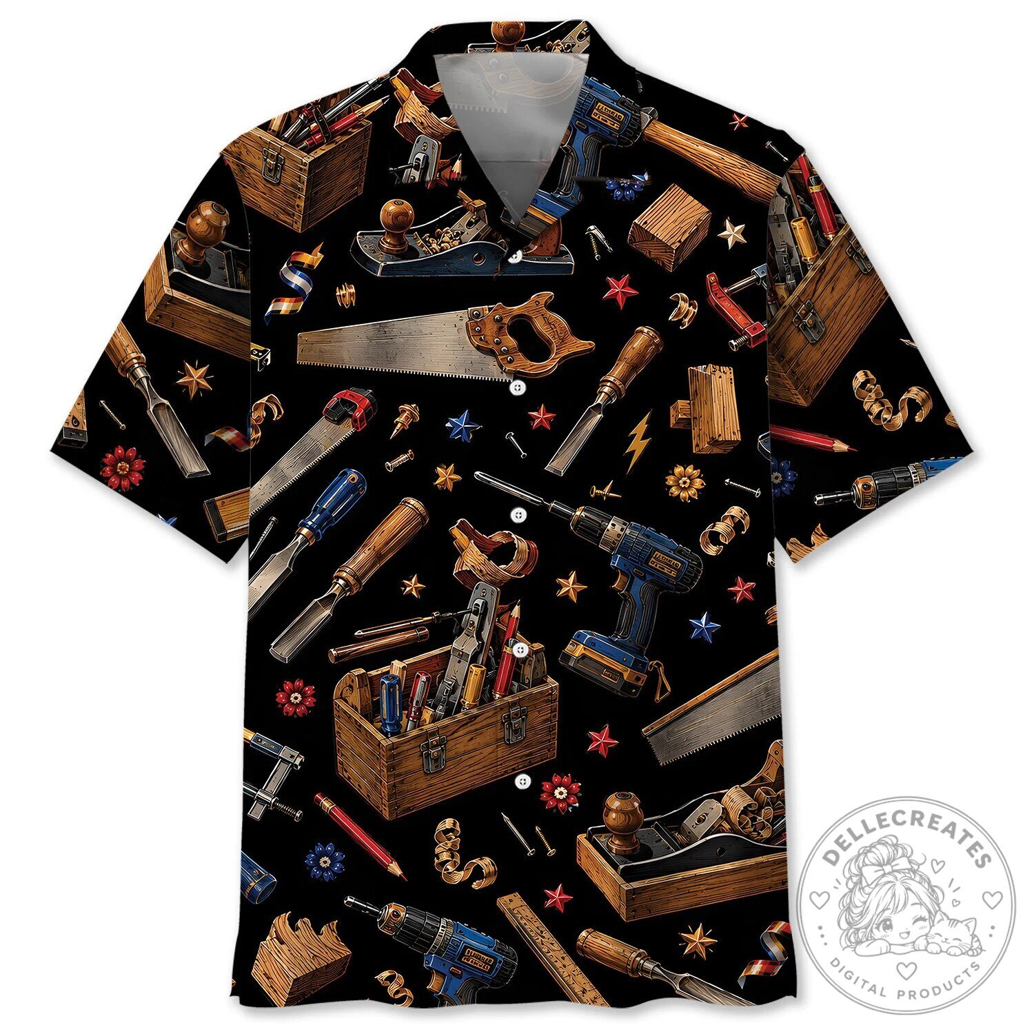 Carpenter Retro Art Black Hawaiian Shirt with Woodworking Tools Design