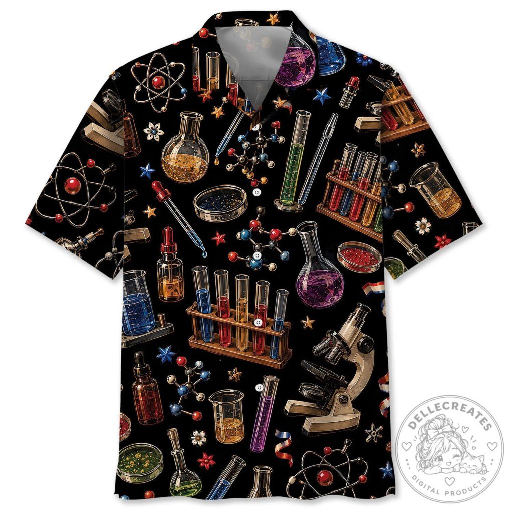 Science Teacher Laboratory Beakers and Atoms Black Hawaiian Shirt Science Teacher Laboratory Beakers and Atoms Black Hawaiian Shirt