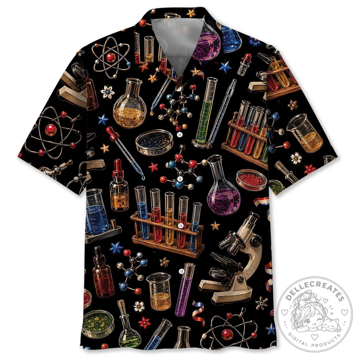 Science Teacher Laboratory Beakers and Atoms Black Hawaiian Shirt