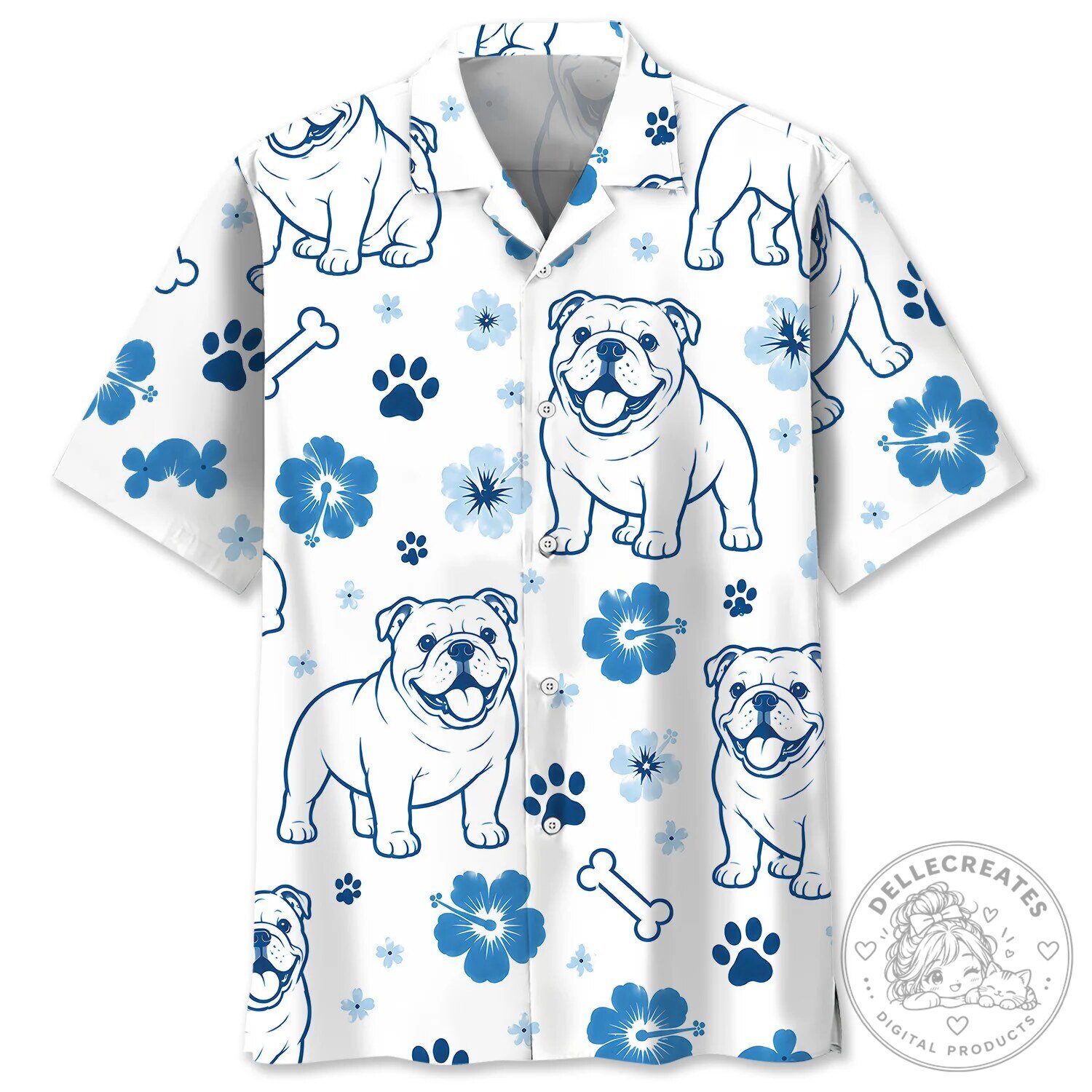 English Bulldog Blue Hibiscus Floral Pattern Hawaiian Shirt