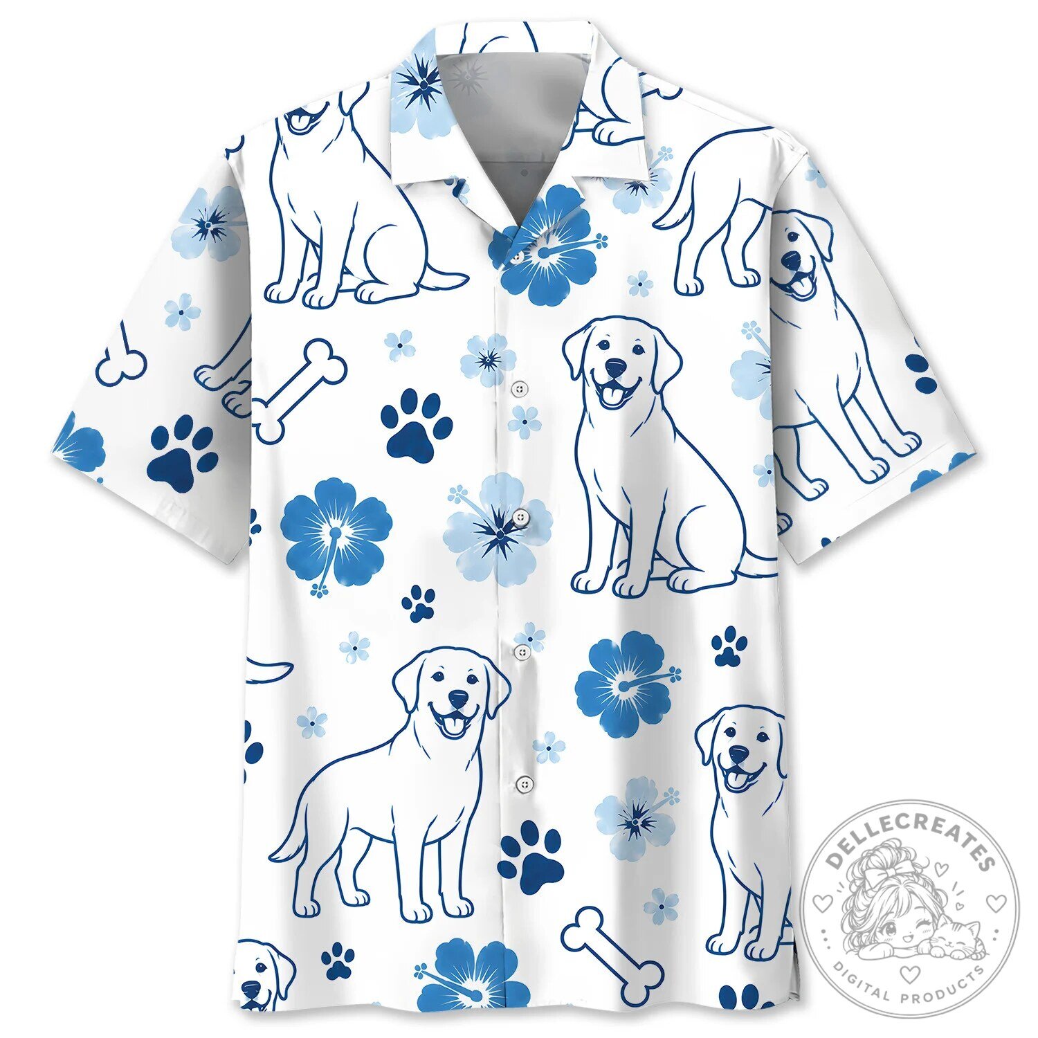 Labrador Retriever Blue Hibiscus Flower Pattern Hawaiian Shirt
