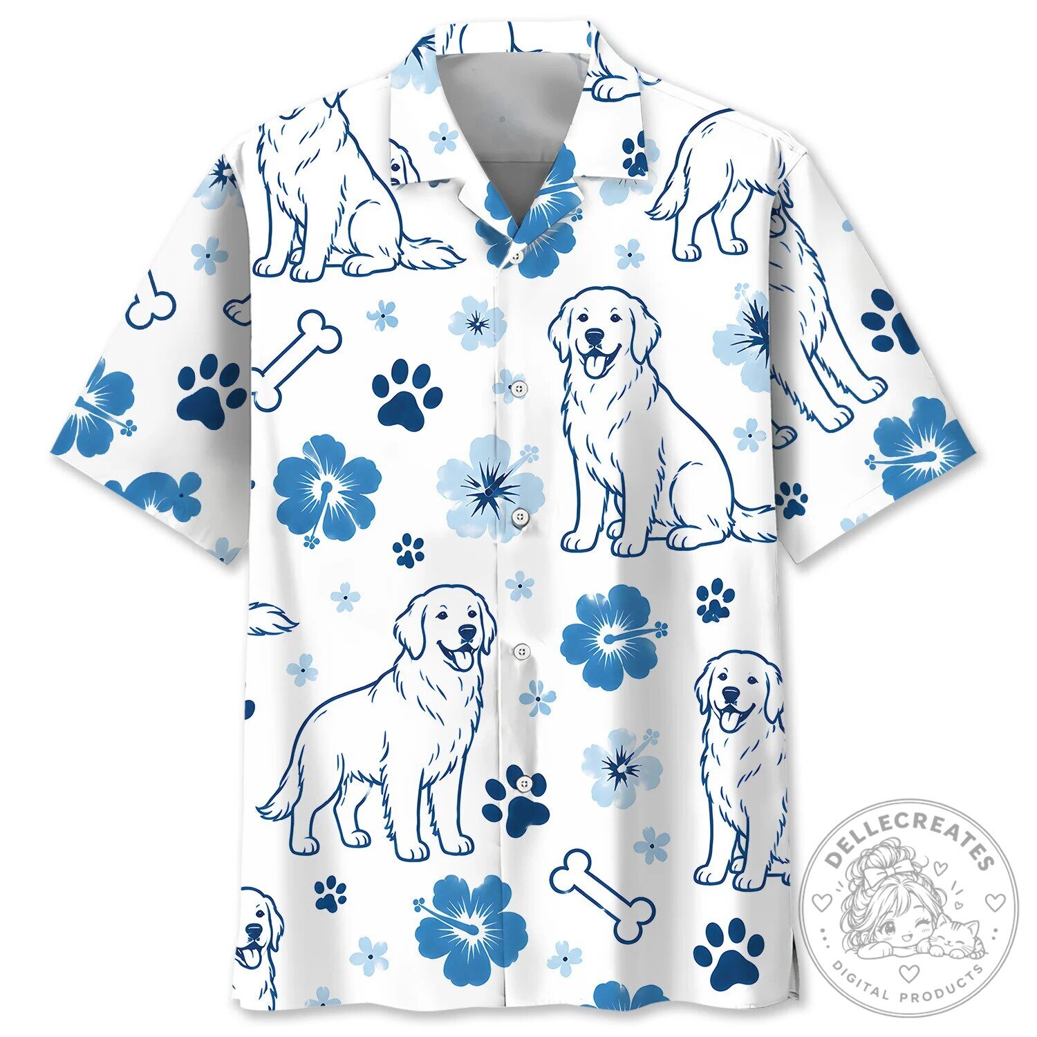 Golden Retriever Dog Blue Hibiscus Floral Hawaiian Shirt