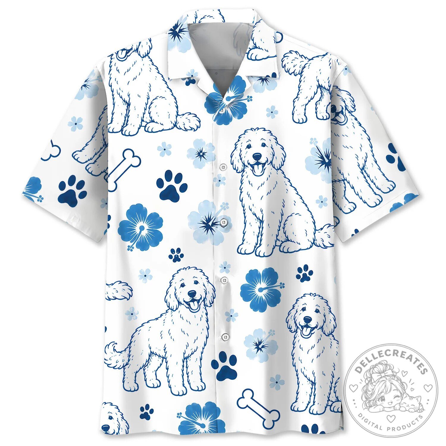 Goldendoodle Dog Blue Hibiscus Pattern Hawaiian Shirt