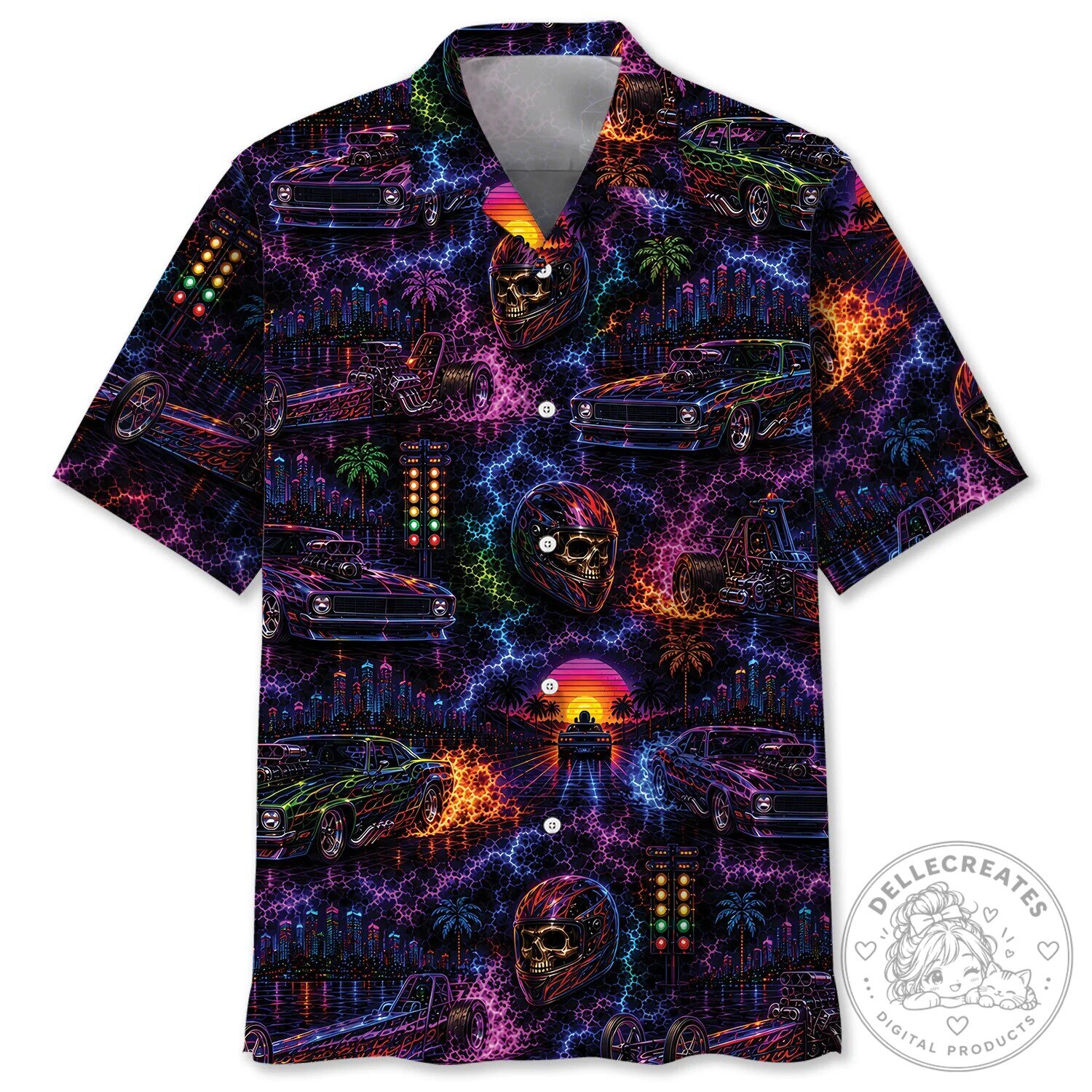 Midnight Drag Racing Neon Cityscape Hawaiian Shirt