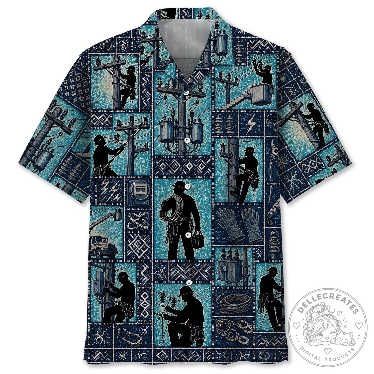 Electrician Lineman Paradise Blue Tropical Hawaiian Shirt