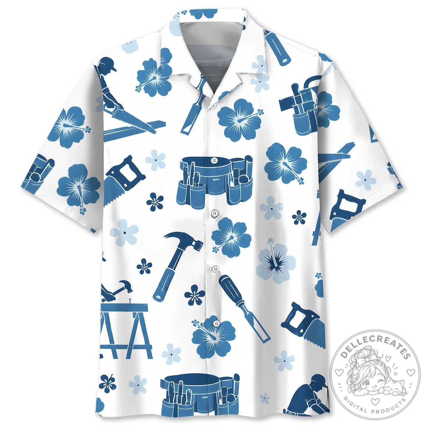 Carpenter Blue Hibiscus Tropical Work Tools Hawaiian Shirt