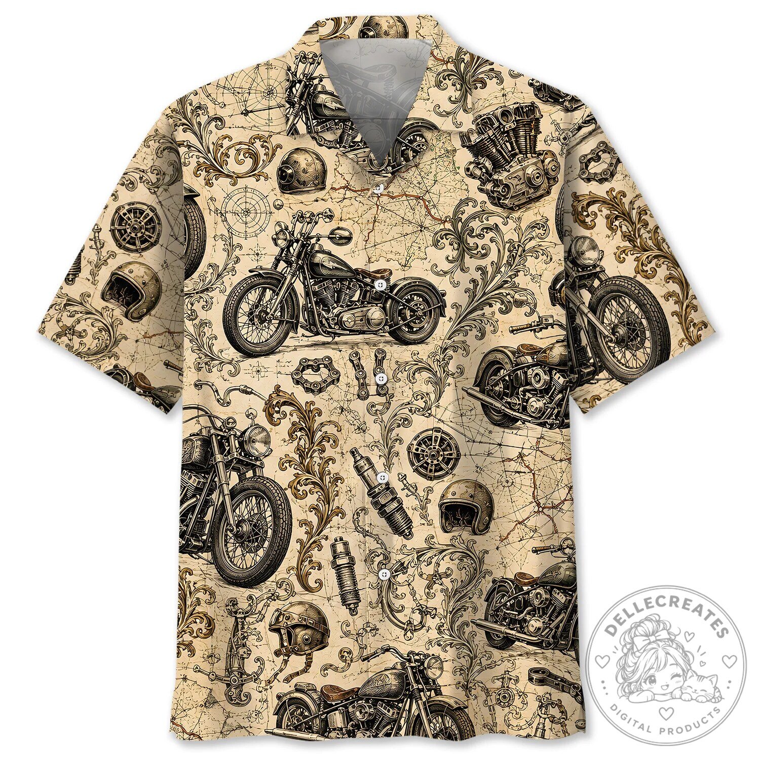Vintage Motorcycle Parts and Map Pattern Hawaiian Shirt 1 Vintage Motorcycle Parts and Map Pattern Hawaiian Shirt