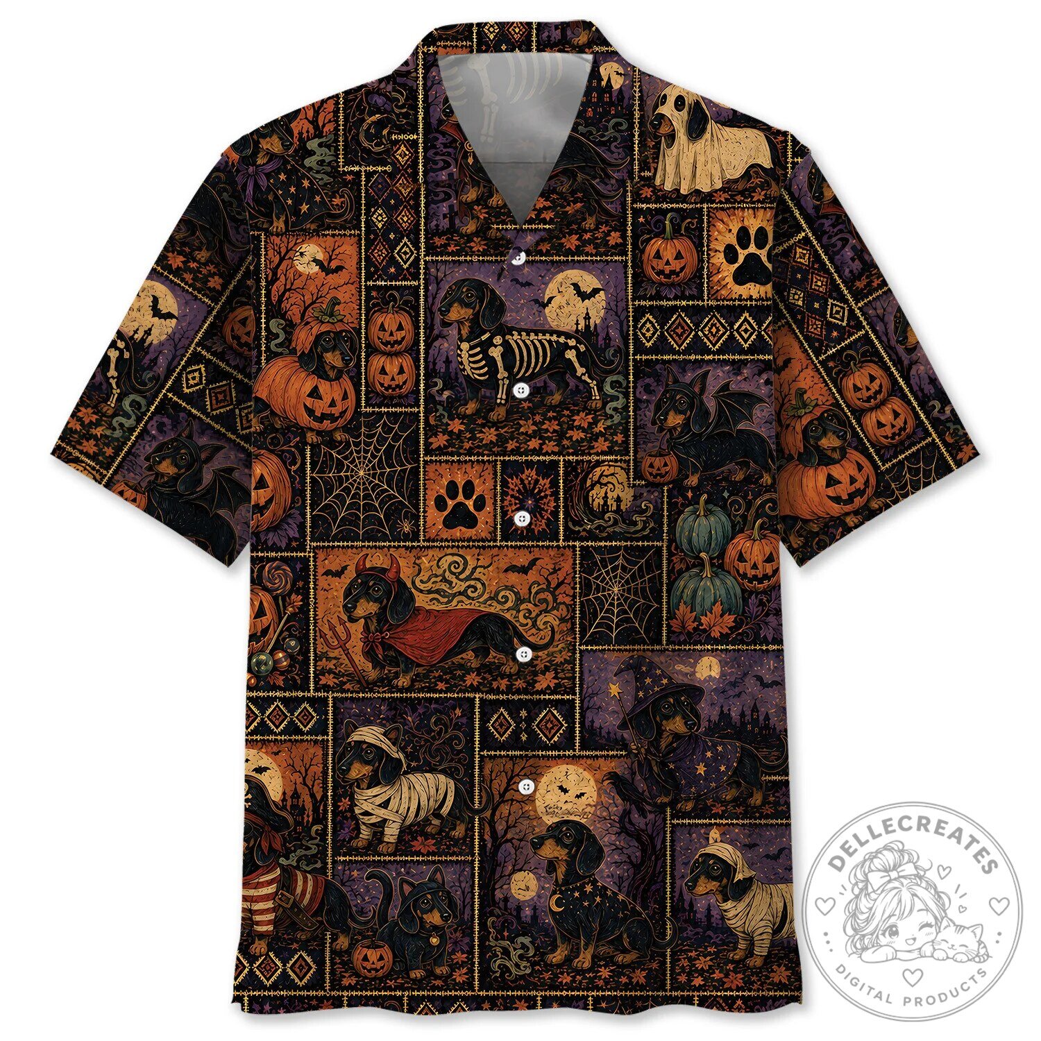 Spooky Wiener Dog Costume Apparel, Funny Hawaiian Shirt for Halloween Dachshunds