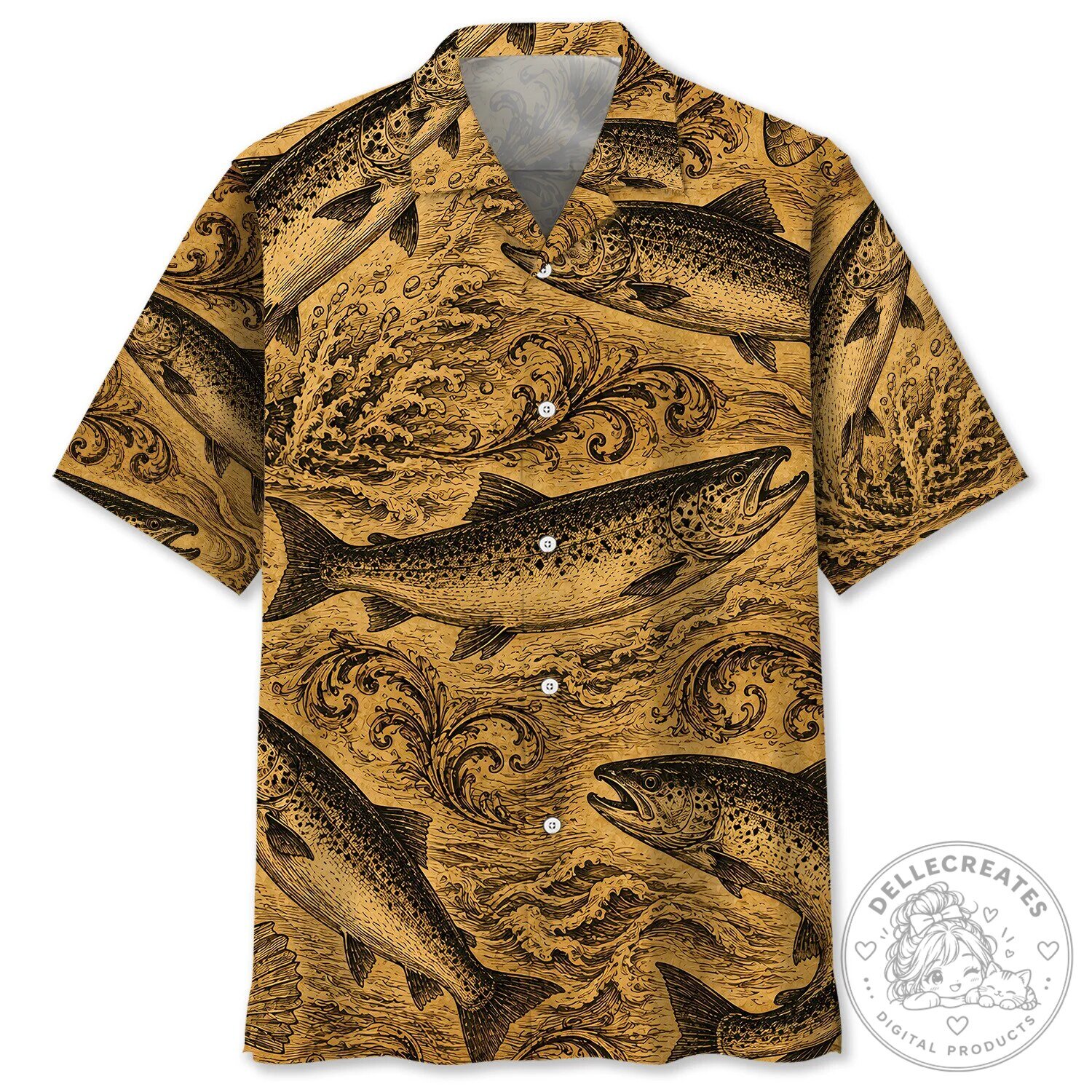 Vintage Salmon Fishing Legend Art Pattern Hawaiian Shirt for Men