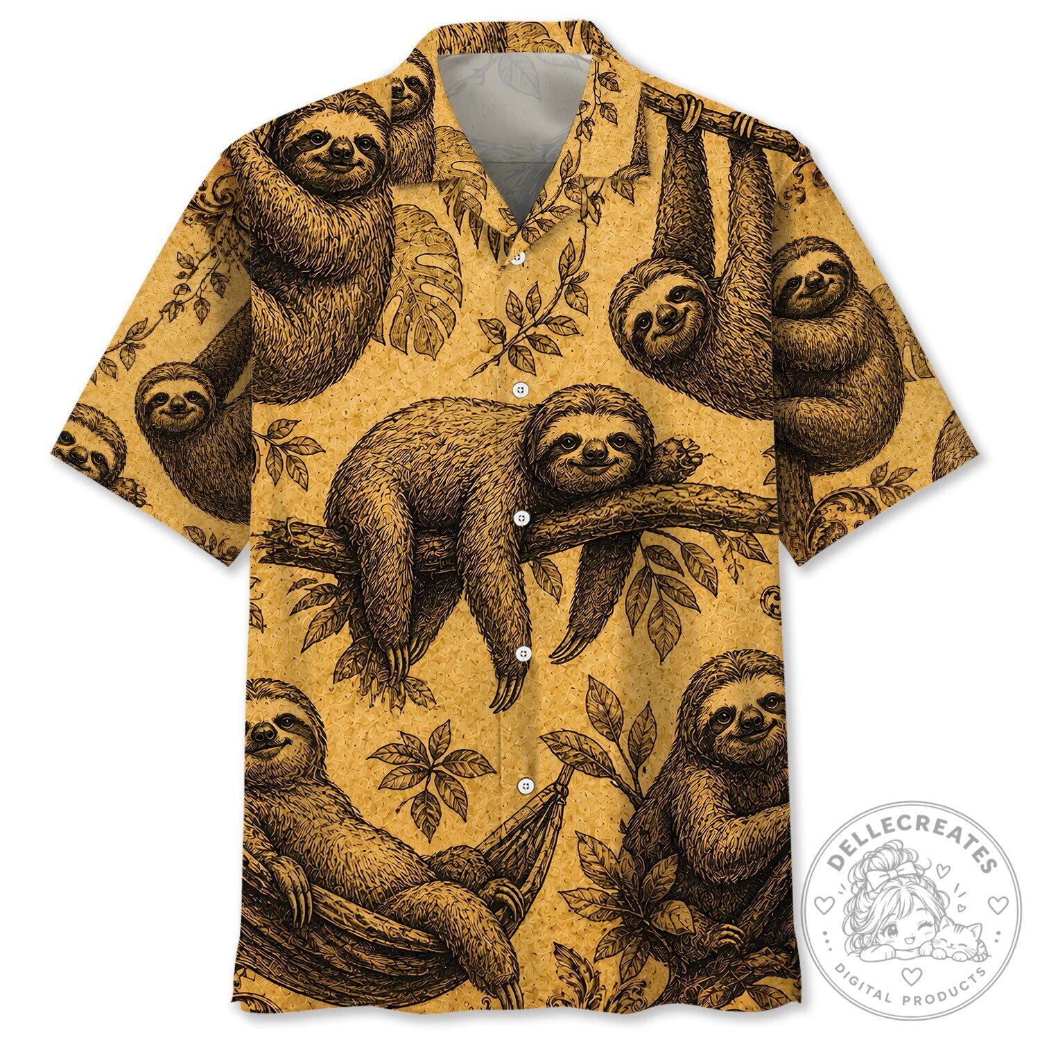 Hawaiian Shirt with Vintage Sloth and Tropical Leaf Design