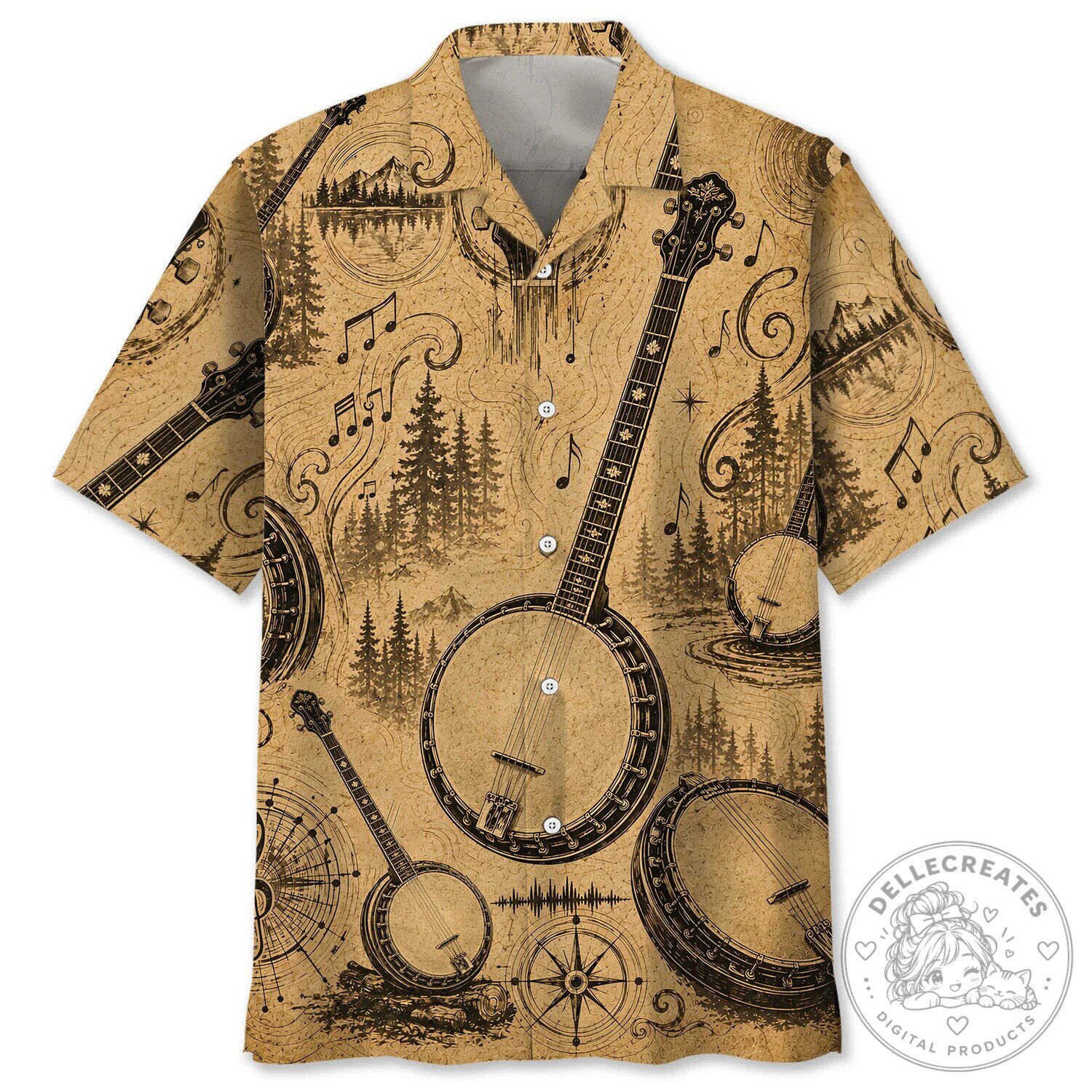 Vintage Banjo Music Forest Landscape Hawaiian Shirt