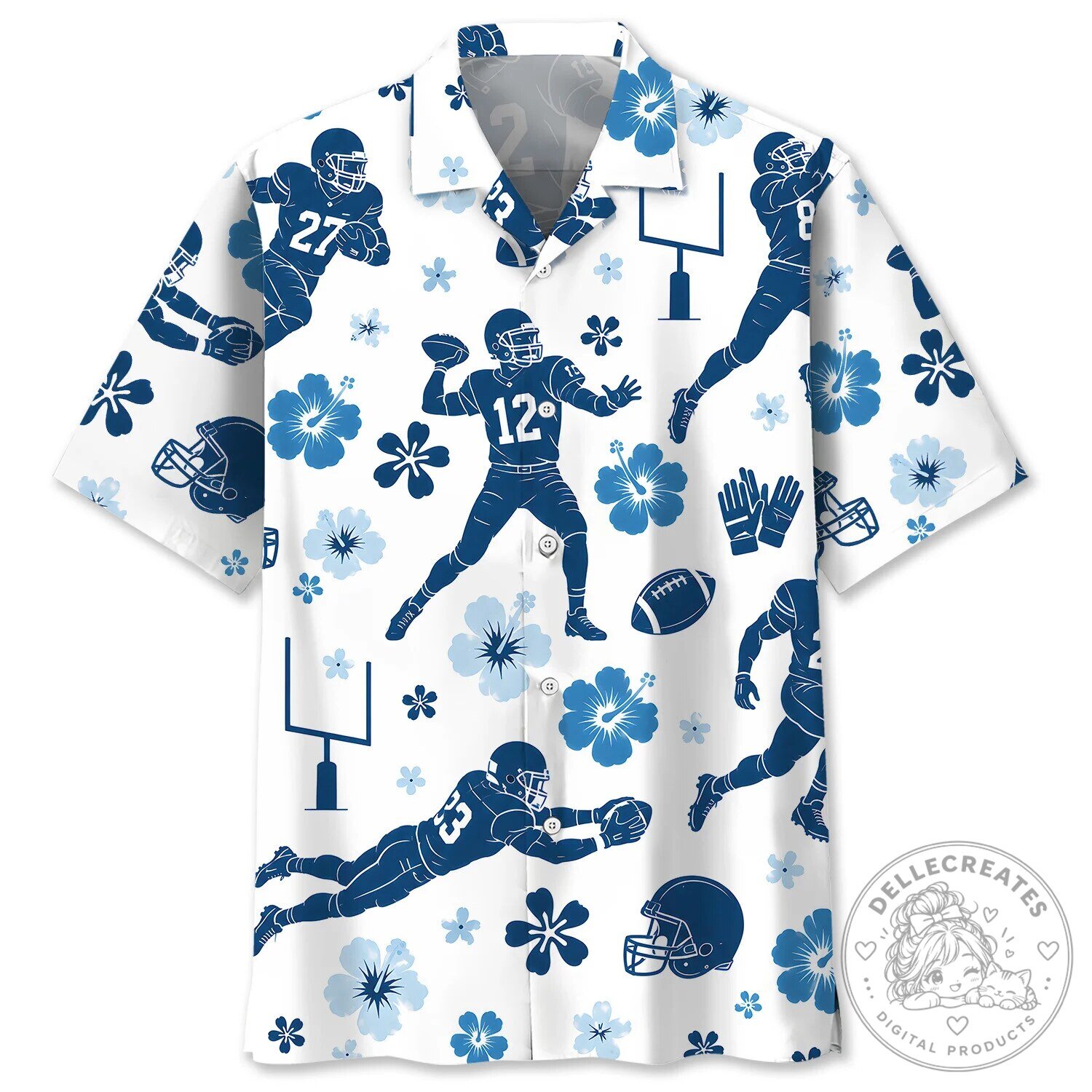 American Football Players Blue Hibiscus Floral Hawaiian Shirt