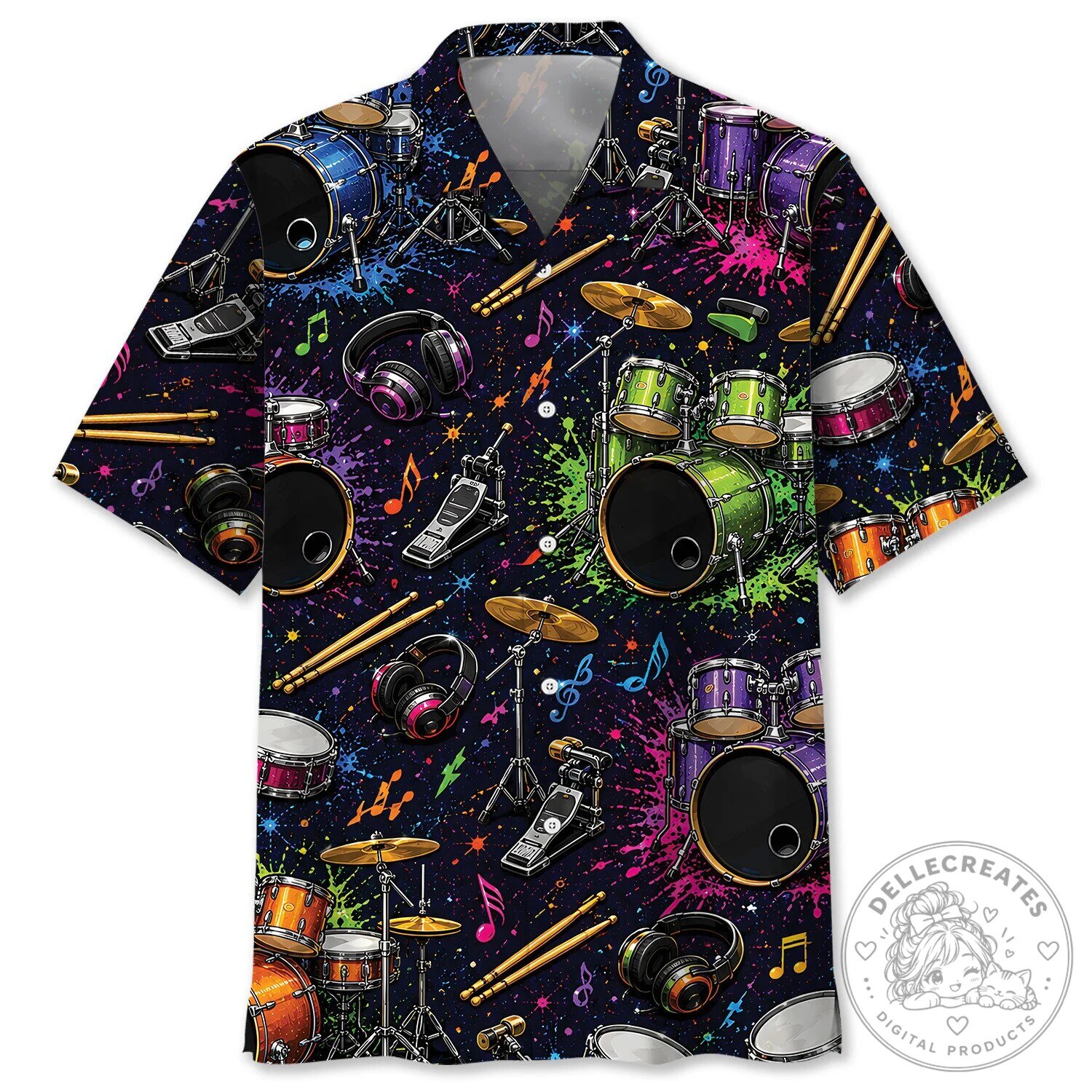 Retro Drum Set Colorful Music Notes Hawaiian Shirt