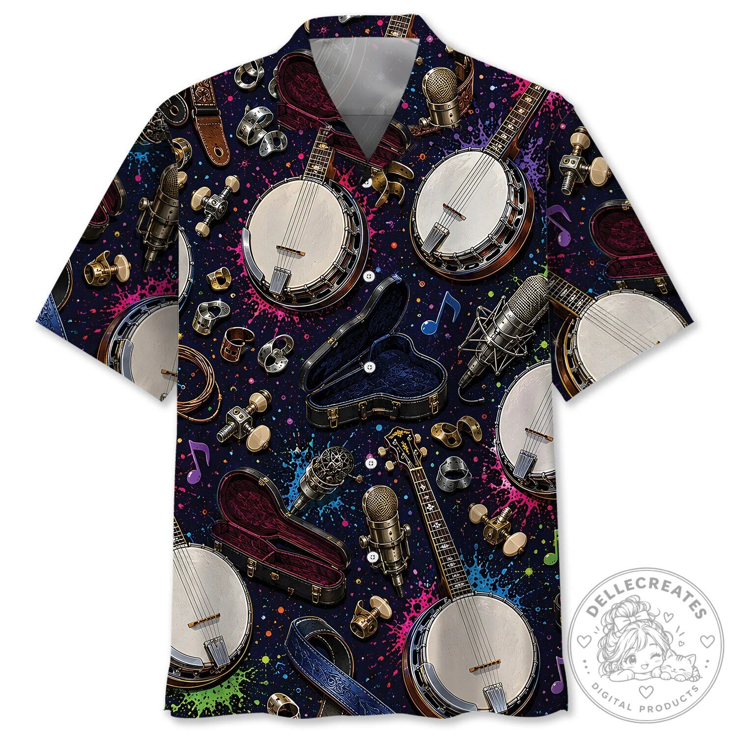 Retro Banjo Musical Instrument Colorful Hawaiian Shirt