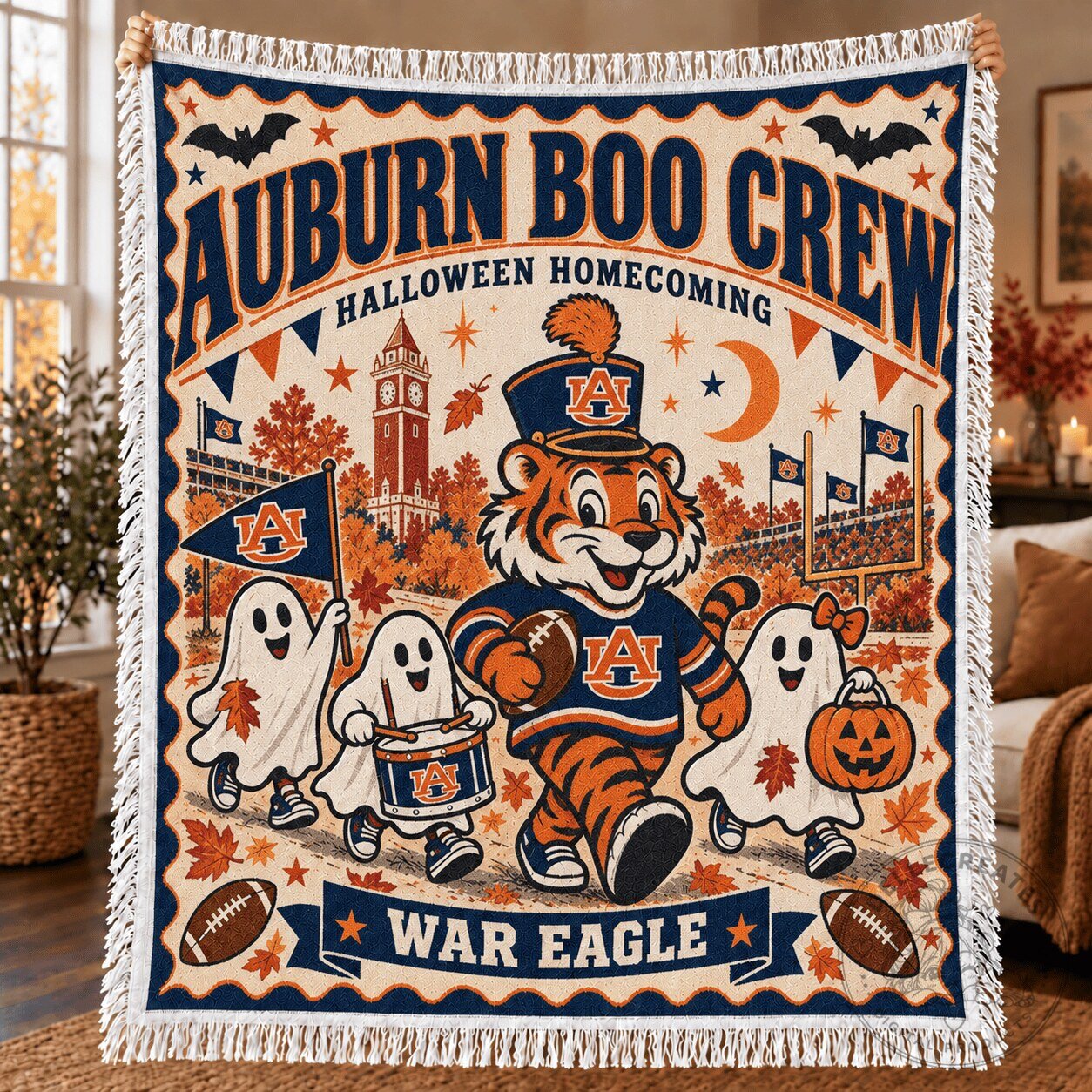 Auburn Tigers Halloween Homecoming Boo Crew War Eagle Woven Blanket