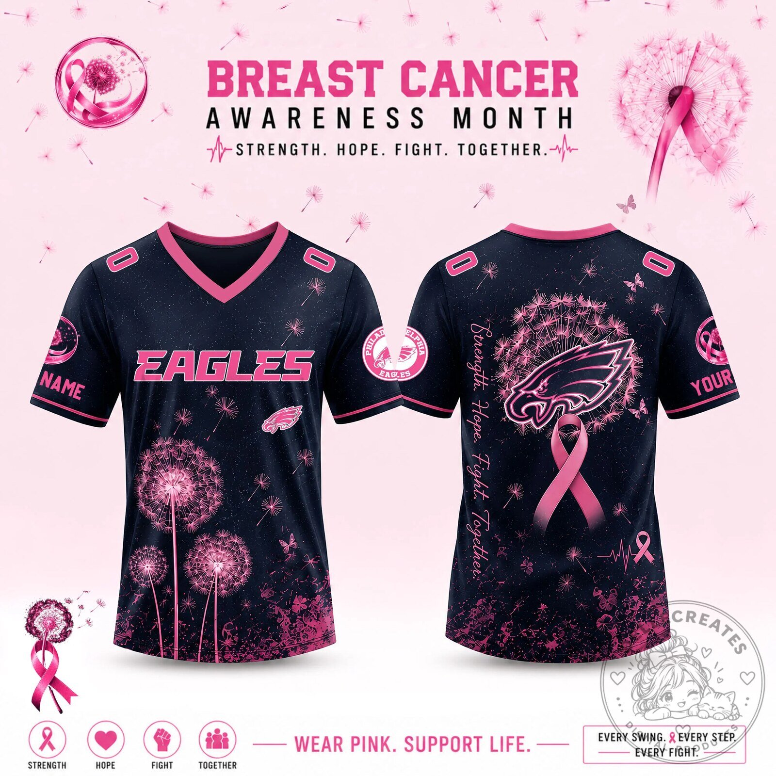 Philadelphia Eagles Breast Cancer Awareness Dandelion Strength Hope Fight Together jersey