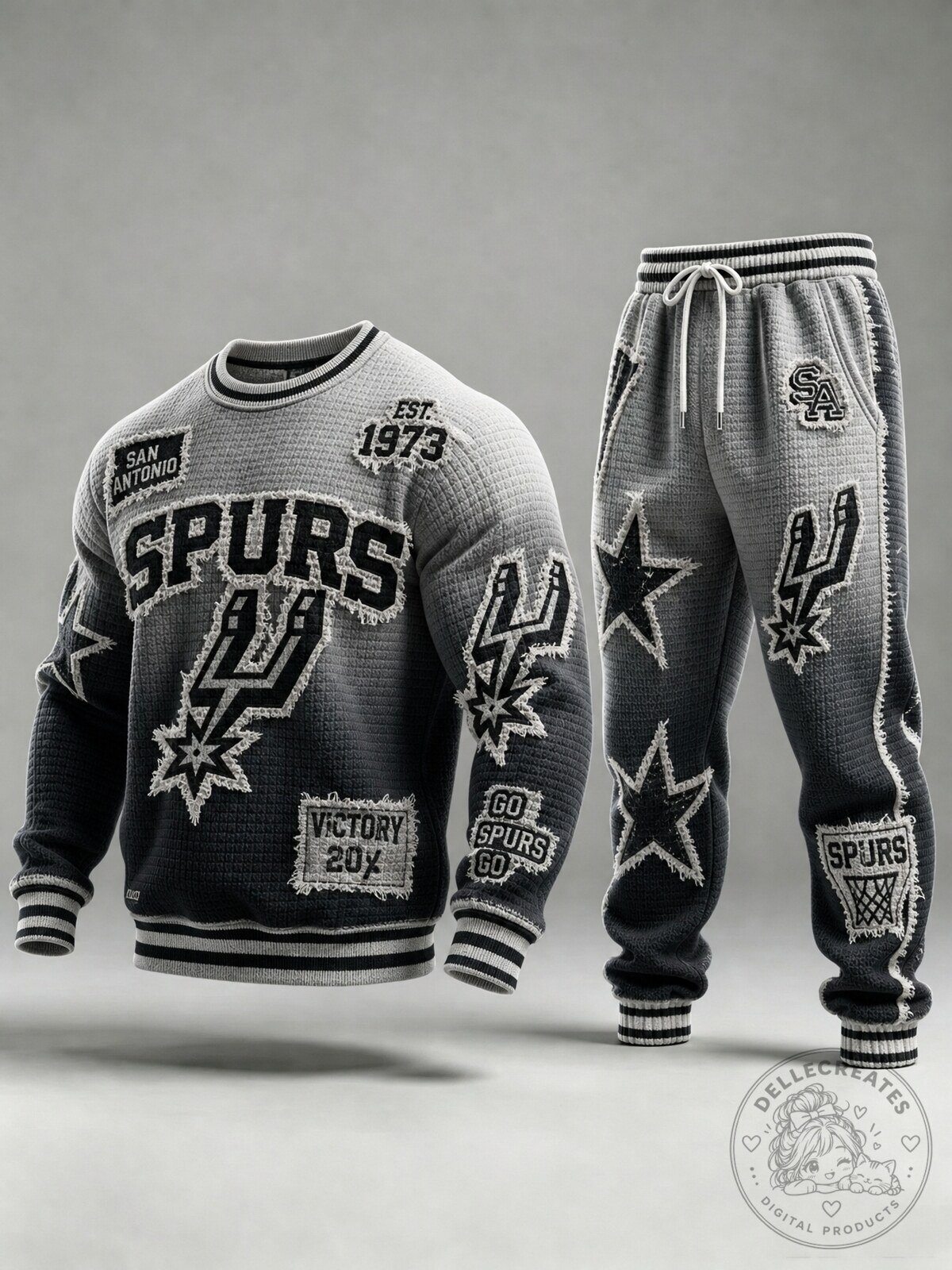 Patchwork Distressed Crewneck Sweatshirt and Joggers Set for San Antonio Spurs Supporters