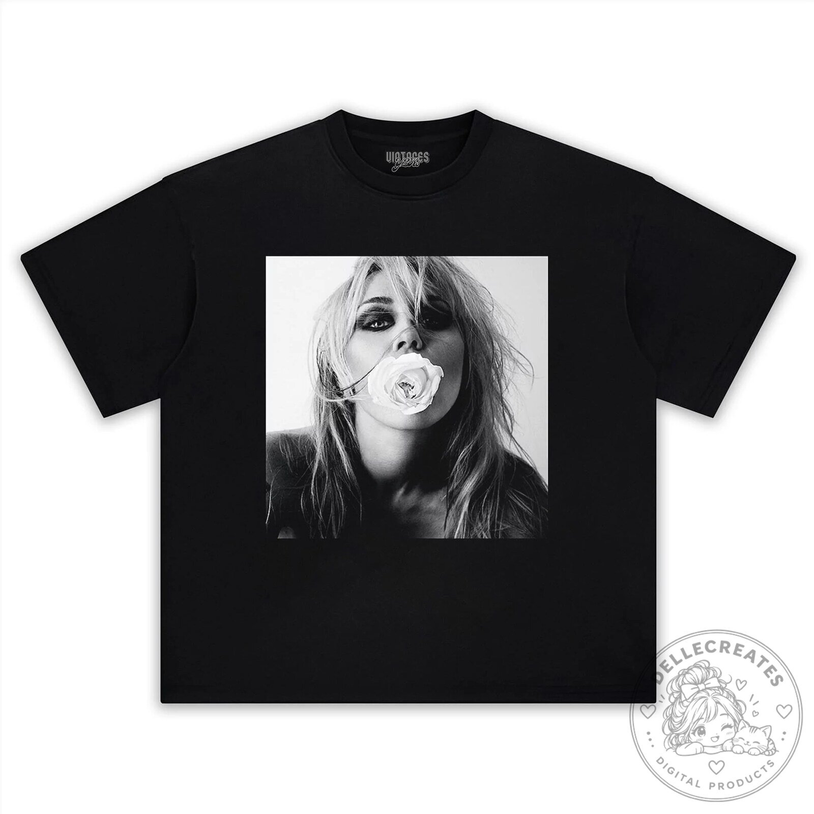 Black and White Rose Portrait T-Shirt Featuring Miley Cyrus Bass Design