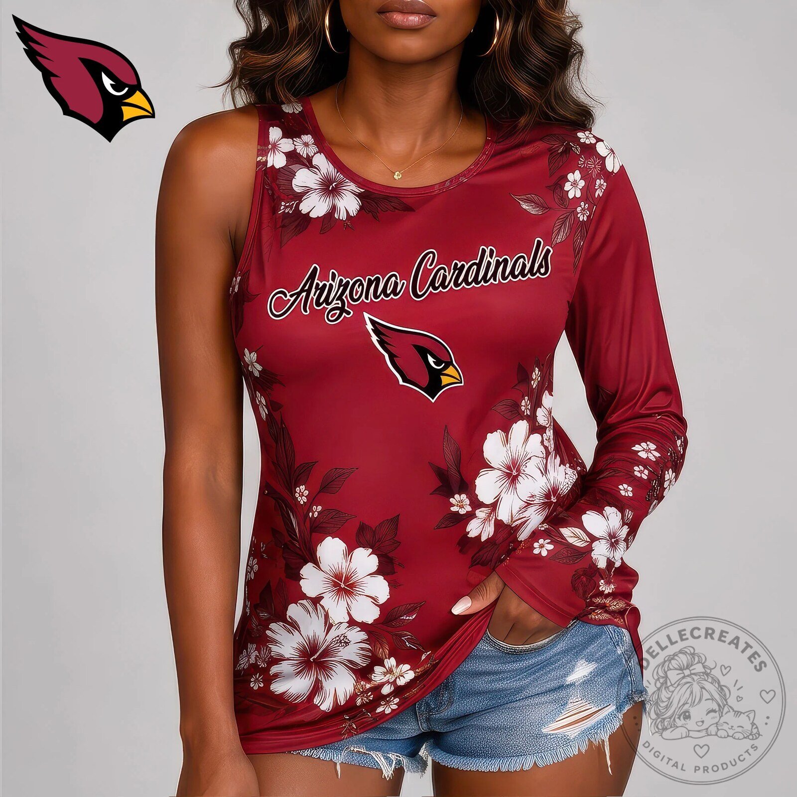 Arizona Cardinals Floral One Shoulder Long Sleeve Top