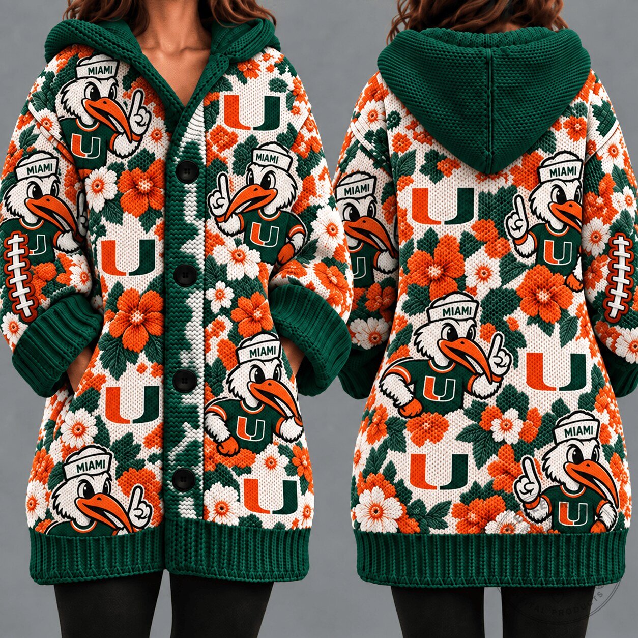 Miami Hurricanes Sebastian the Ibis Floral Knit Cardigan Sweater 1 Miami Hurricanes Sebastian the Ibis Floral Knit Cardigan Sweater