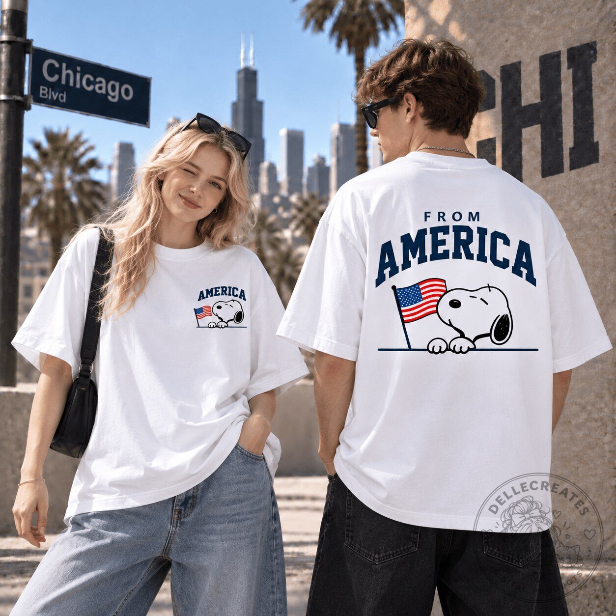 Snoopy America United States Flag Patriotic White T-Shirt