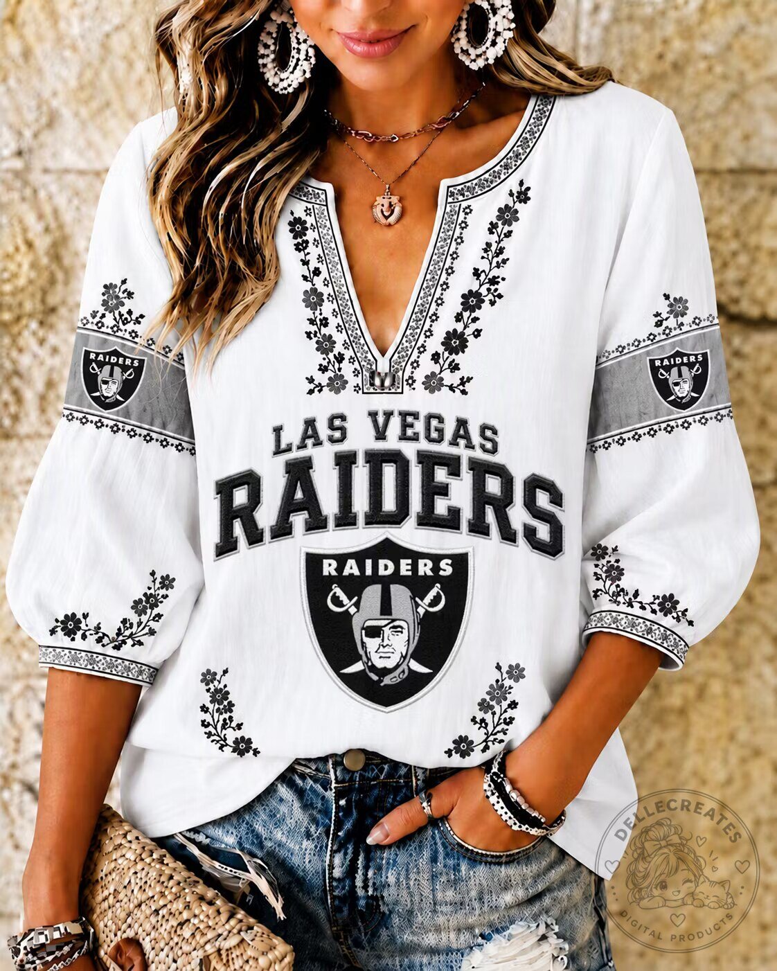 Las Vegas Raiders NFL Football Team Floral Embroidered V-Neck Blouse