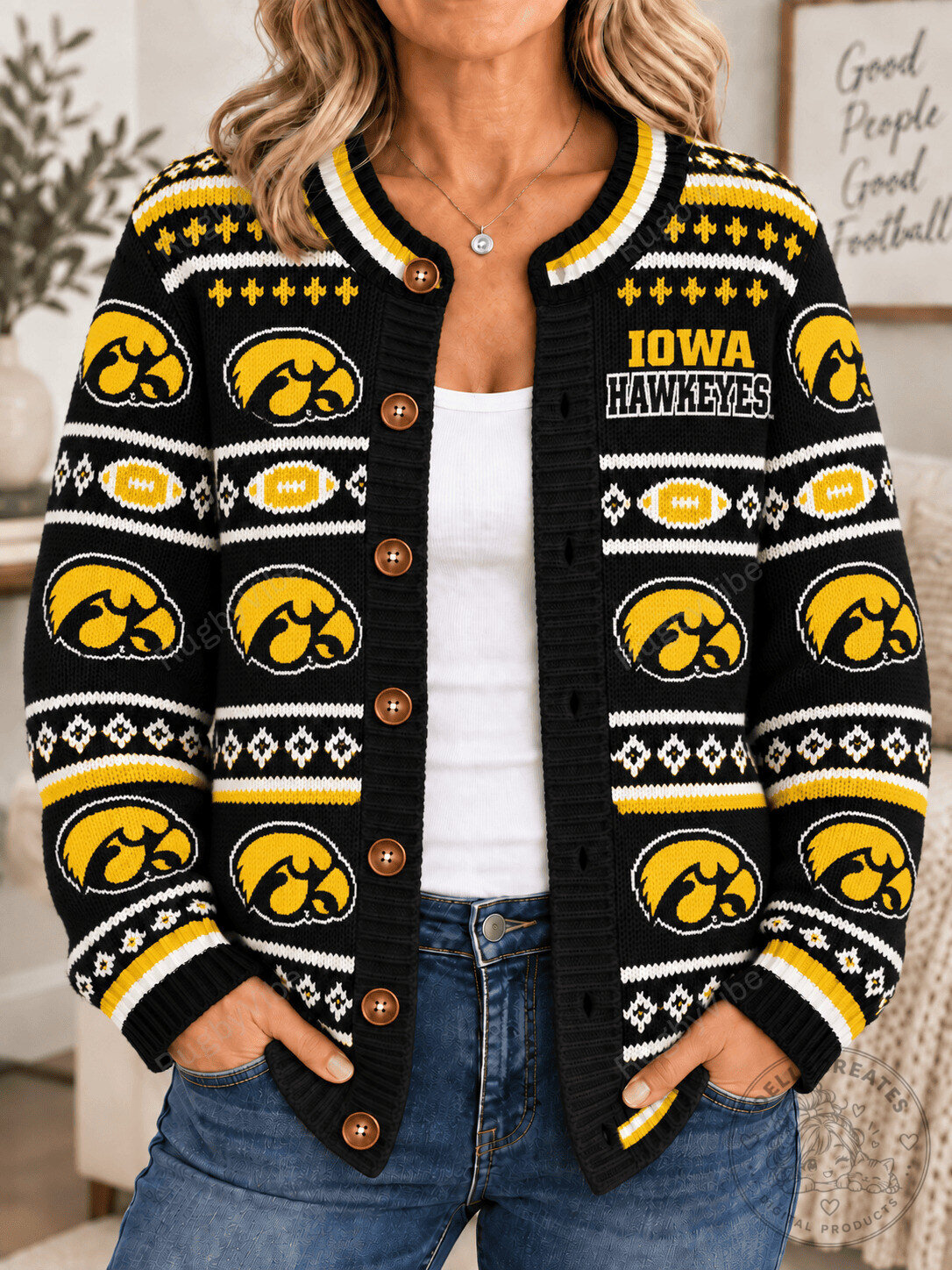 Iowa Hawkeyes Football Team Logo Black Cardigan Sweater