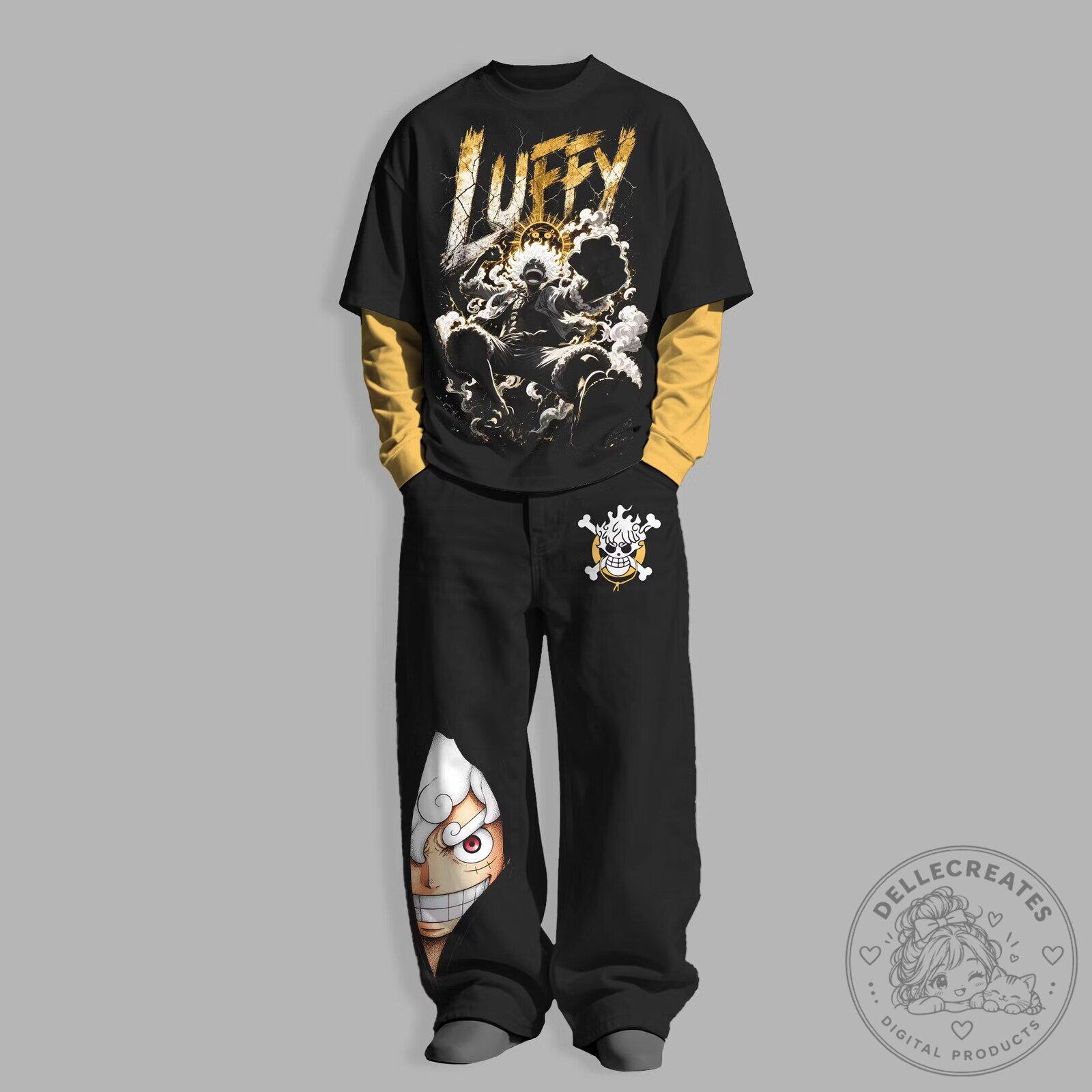 One Piece Monkey D. Luffy Gear Five Anime Faux Layered Long Sleeve T-Shirt and Jeans Set