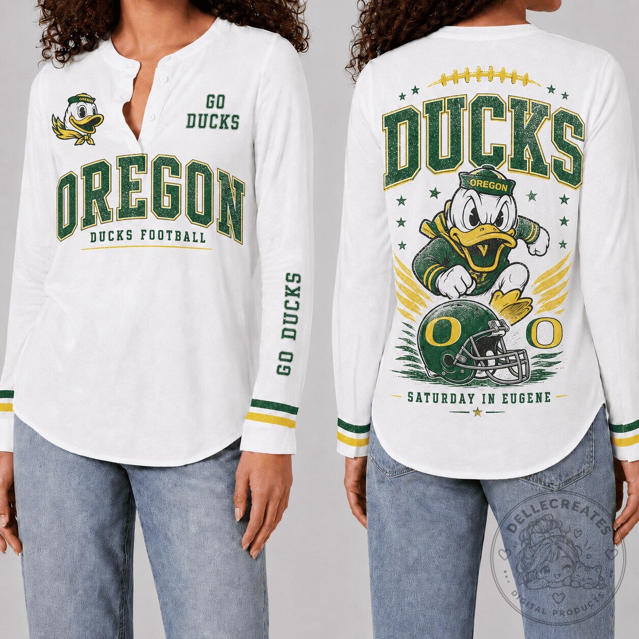 Oregon Ducks Football Long Sleeve Henley Shirt for Women 2 Oregon Ducks Football Long Sleeve Henley Shirt for Women
