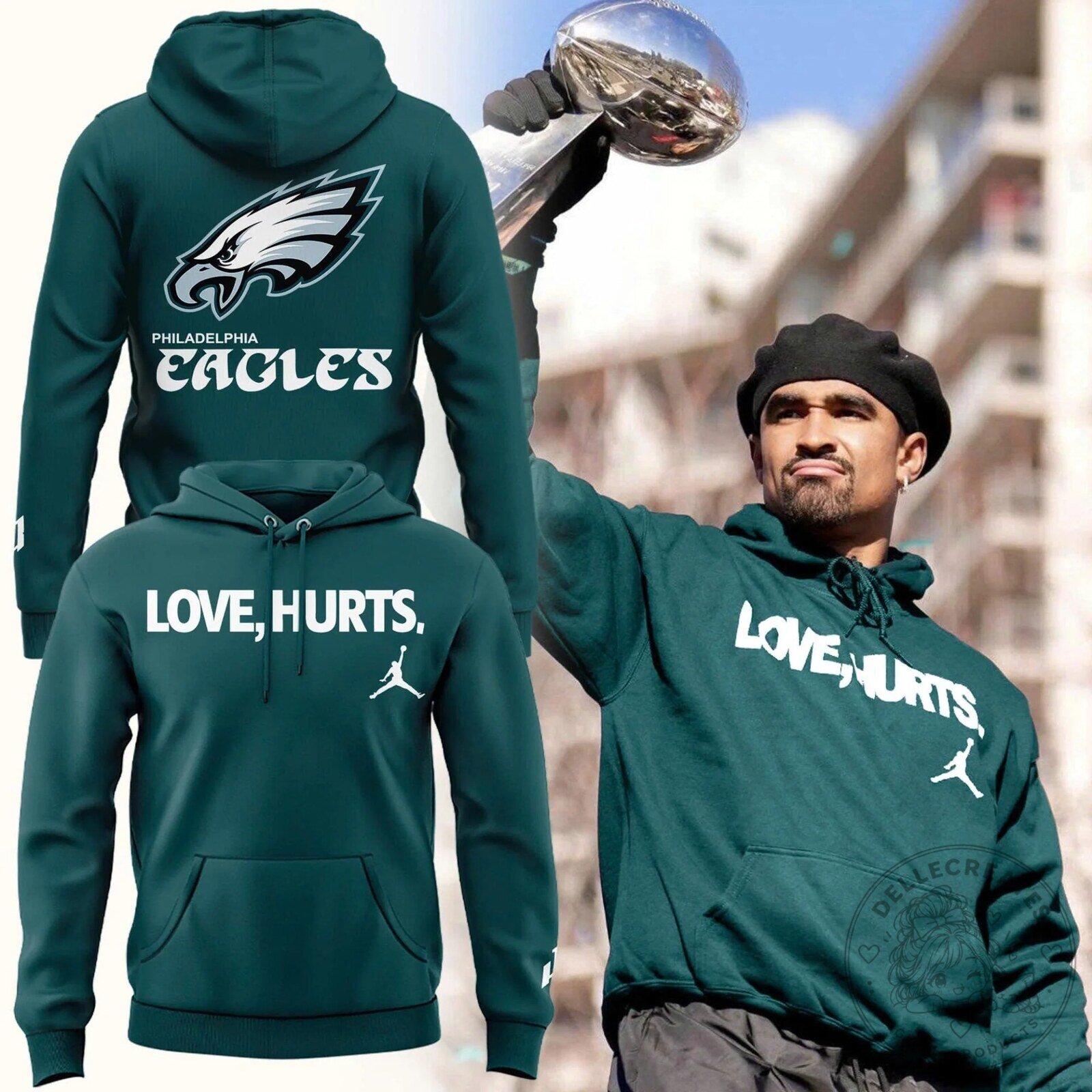 Green Hoodie with Philadelphia Eagles Love Hurts Football Design