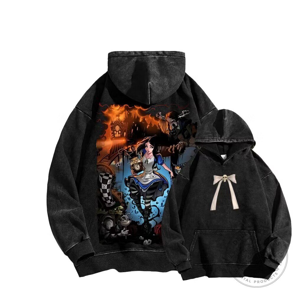 Alice in Wonderland Gothic Fantasy Black Washed Hoodie