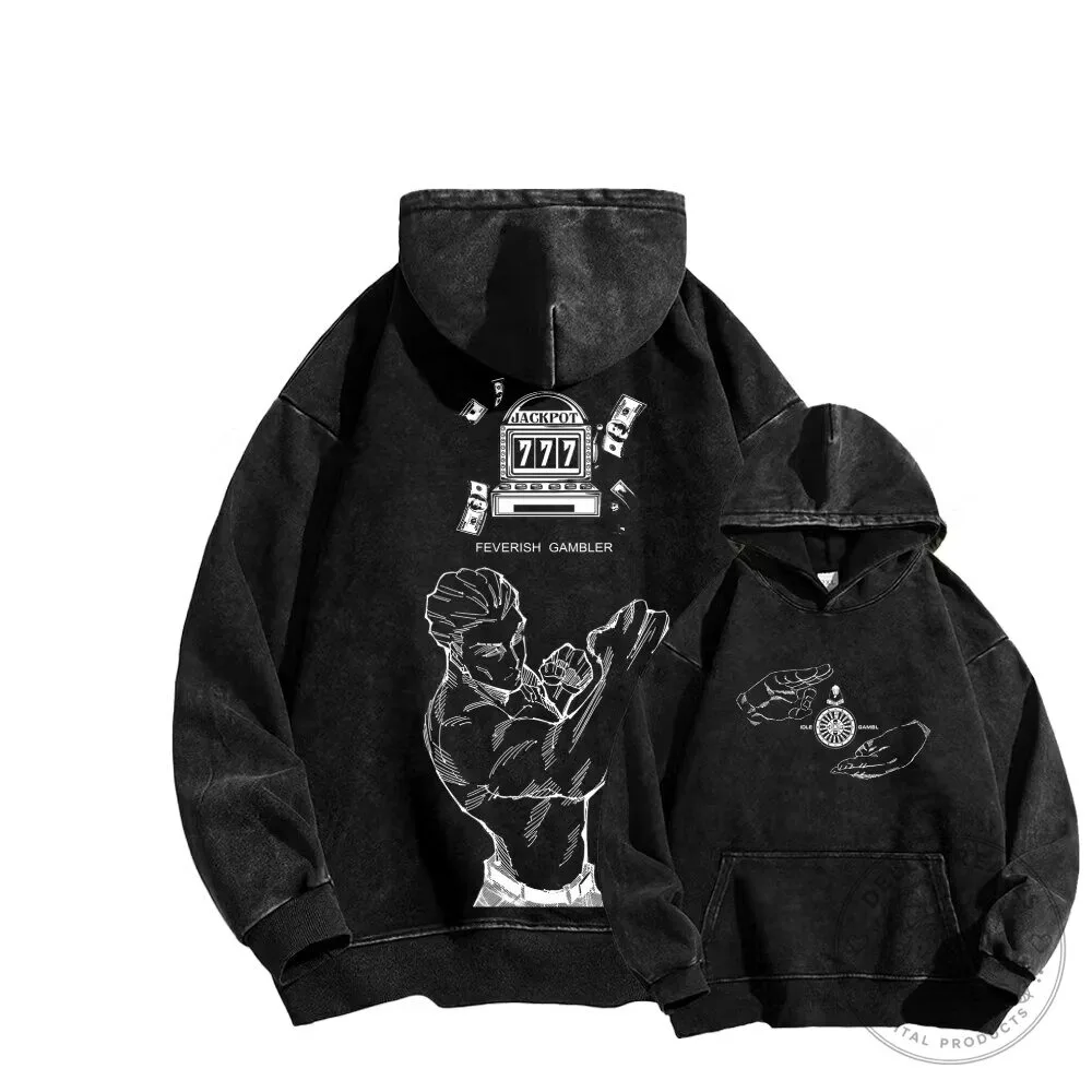 Feverish Gambler Jackpot Slot Machine Washed Black Hoodie
