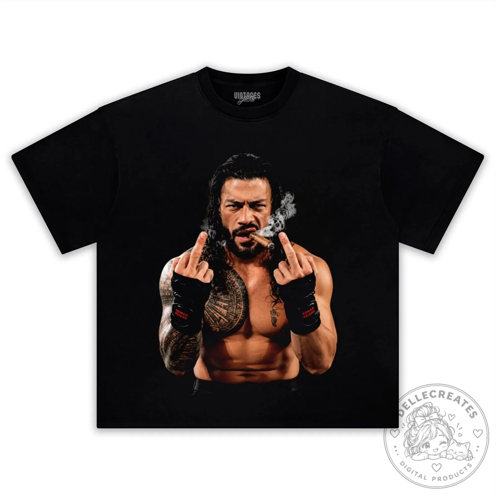 Roman Reigns Middle Finger Cigar Smoking Black T-Shirt