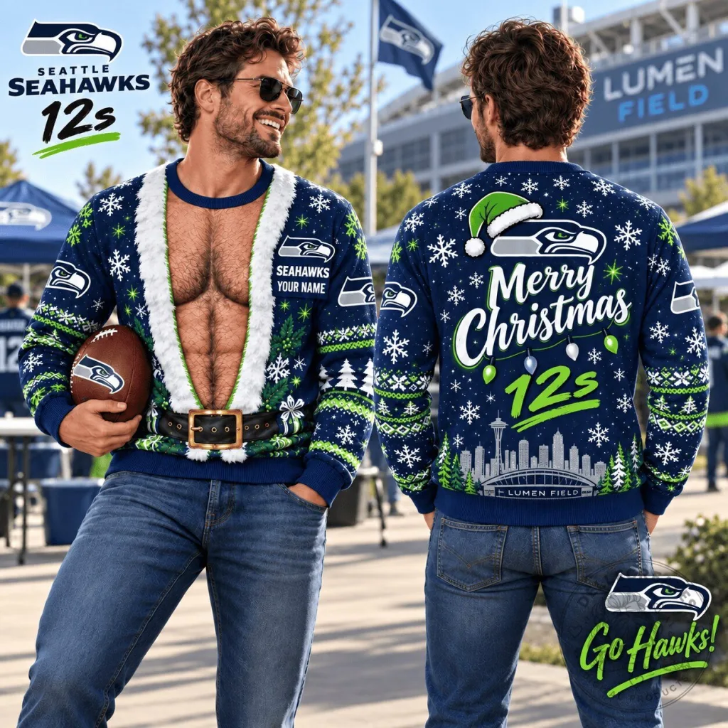Seattle Seahawks Christmas Ugly Sweater Custom Name Holiday Fan Apparel