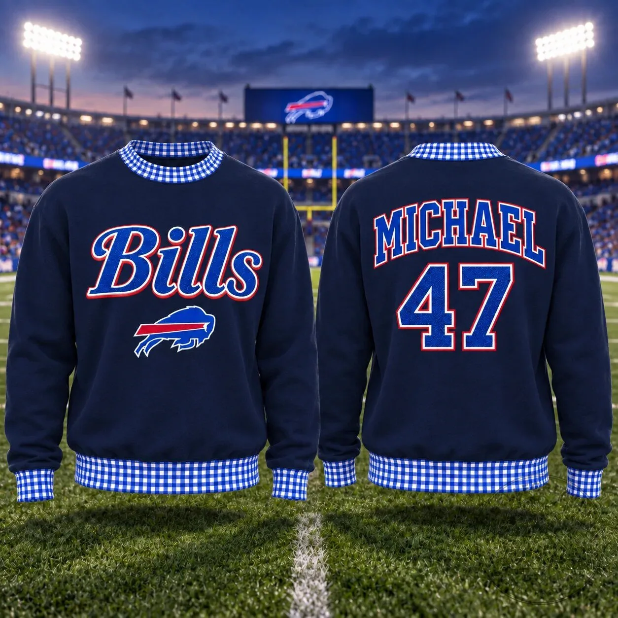 Buffalo Bills Personalized Gingham Trim Blue Football Sweatshirt