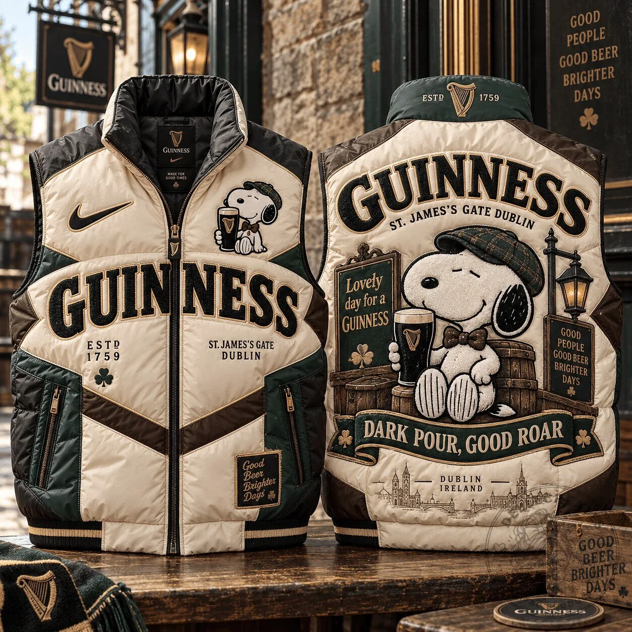 Guinness Snoopy St. James's Gate Dublin Cream Puffer Vest Jacket