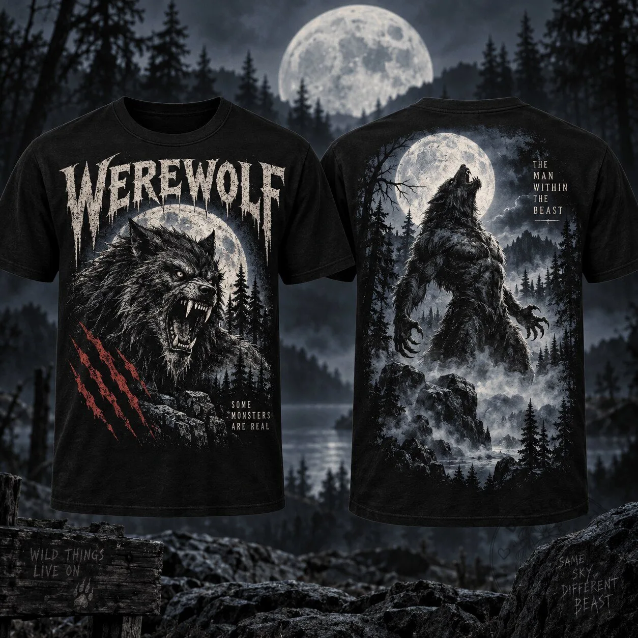 Werewolf Full Moon Gothic Horror Forest Graphic T-Shirt