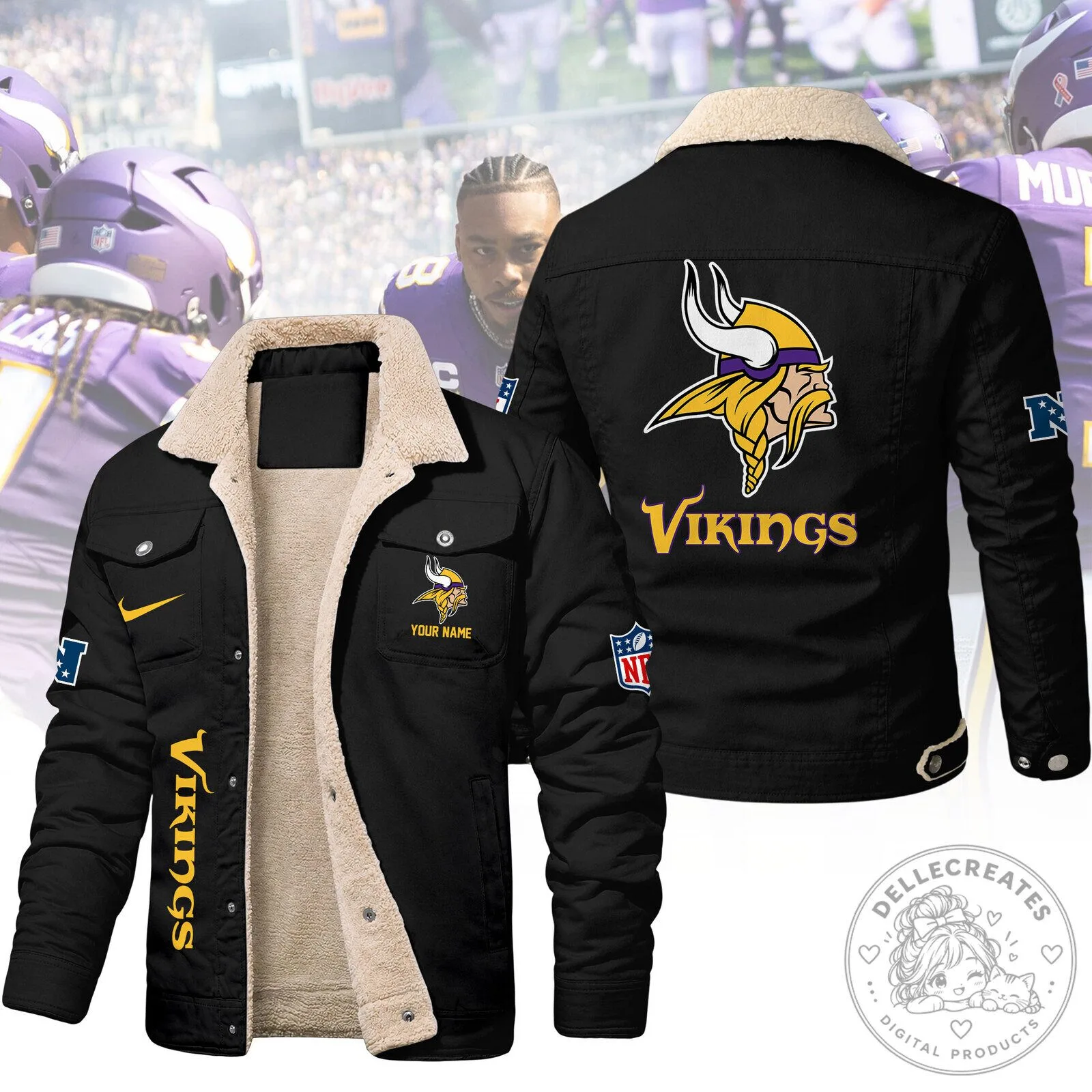 Minnesota Vikings NFL Football Team Black Sherpa Fleece Lined Winter Jacket