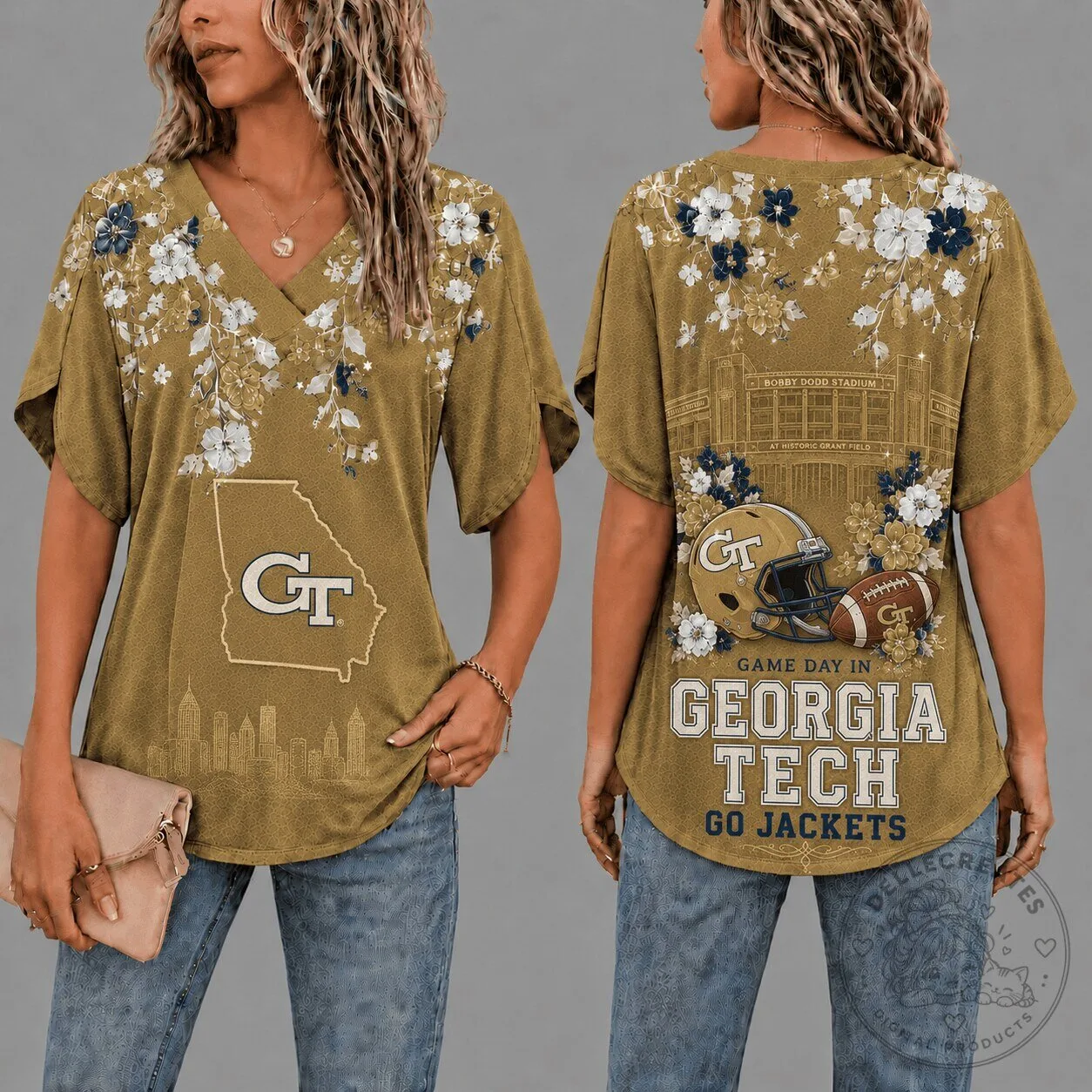 Georgia Tech Yellow Jackets Gameday Floral V-Neck Short Sleeve T-Shirt
