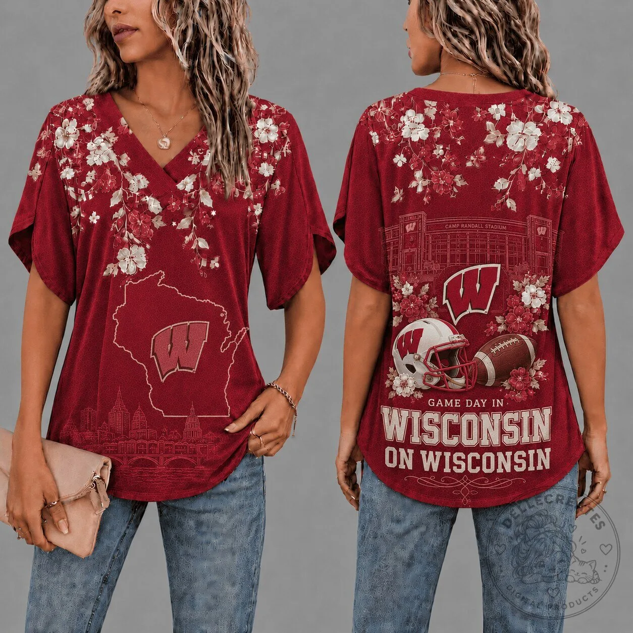 Floral Petal Sleeve V-Neck T-Shirt for Wisconsin Badgers Gameday