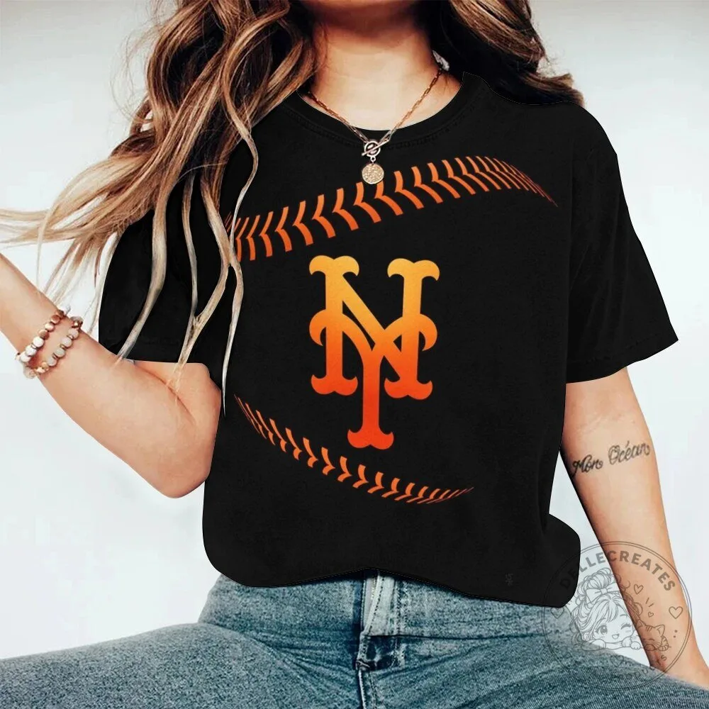 New York Mets Baseball Team Logo Black T-Shirt for Women