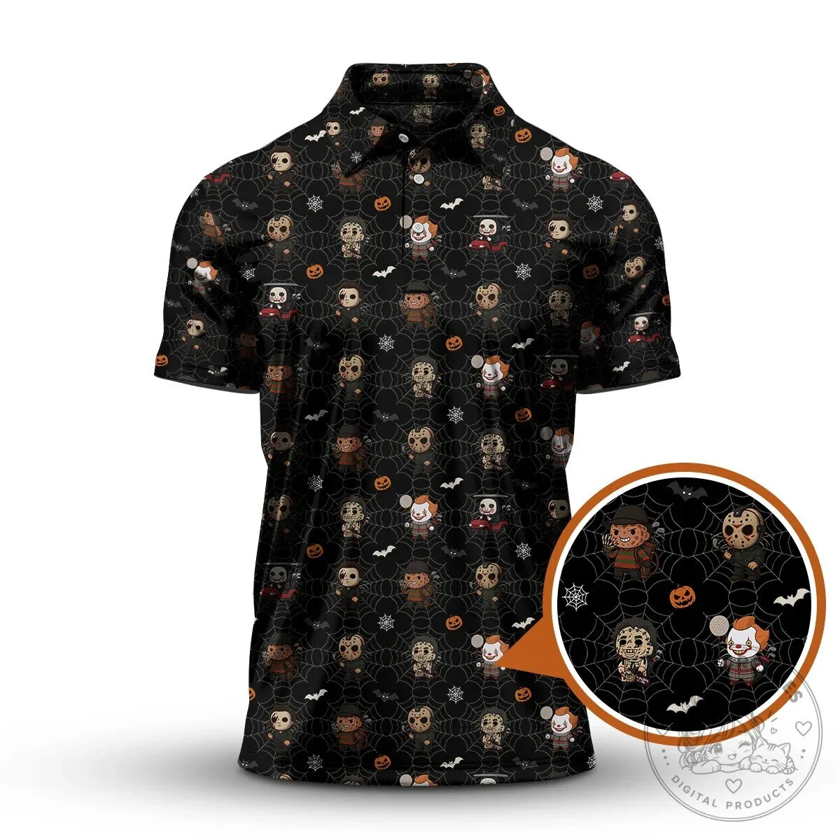 Funny Halloween Shirt Horror Movie Characters Spider Web Pattern Polo Shirt