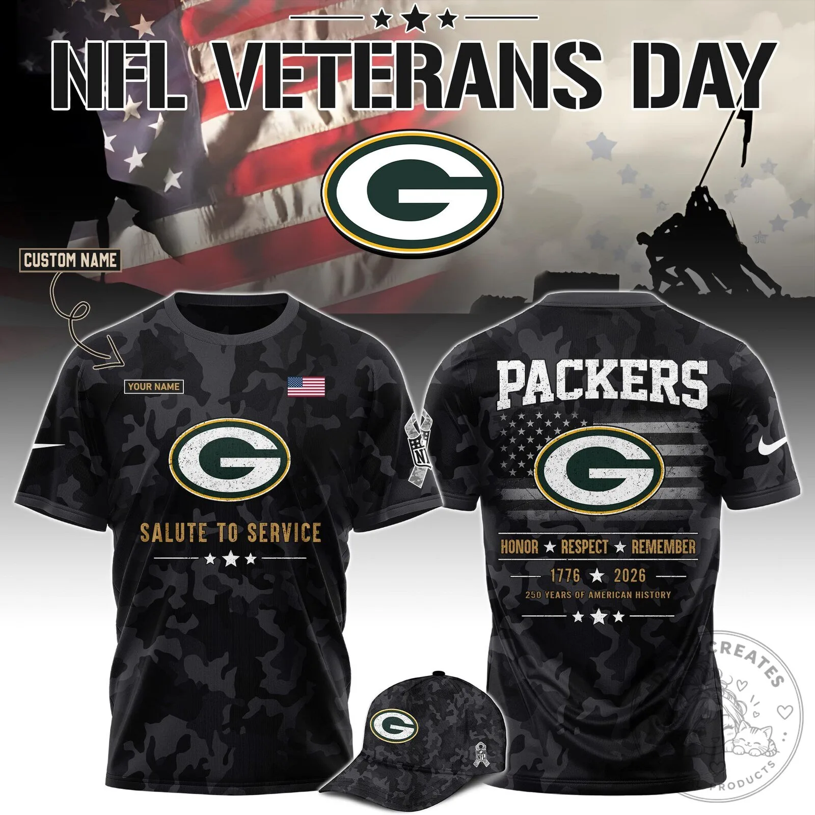 Green Bay Packers Veterans Day Salute To Service Black Camouflage T-Shirt