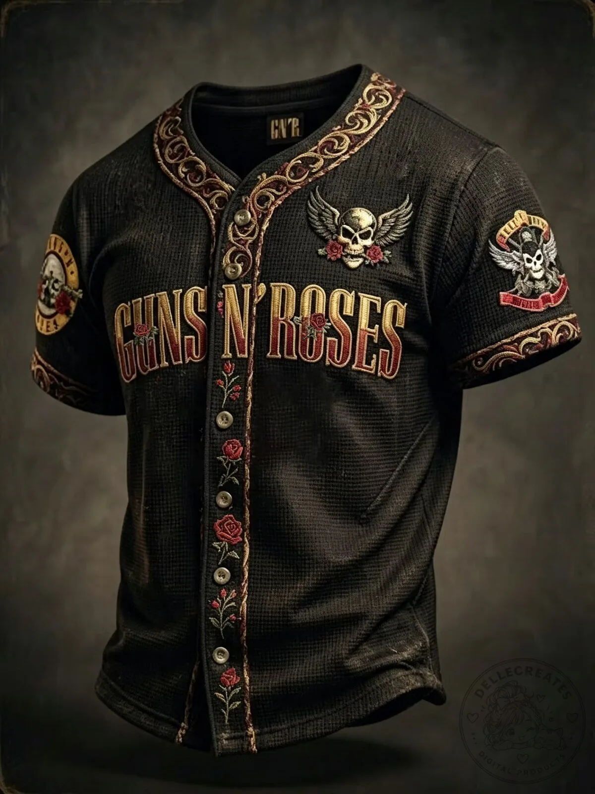 Guns N' Roses Rock Band Skull Roses Embroidered Black Baseball Jersey