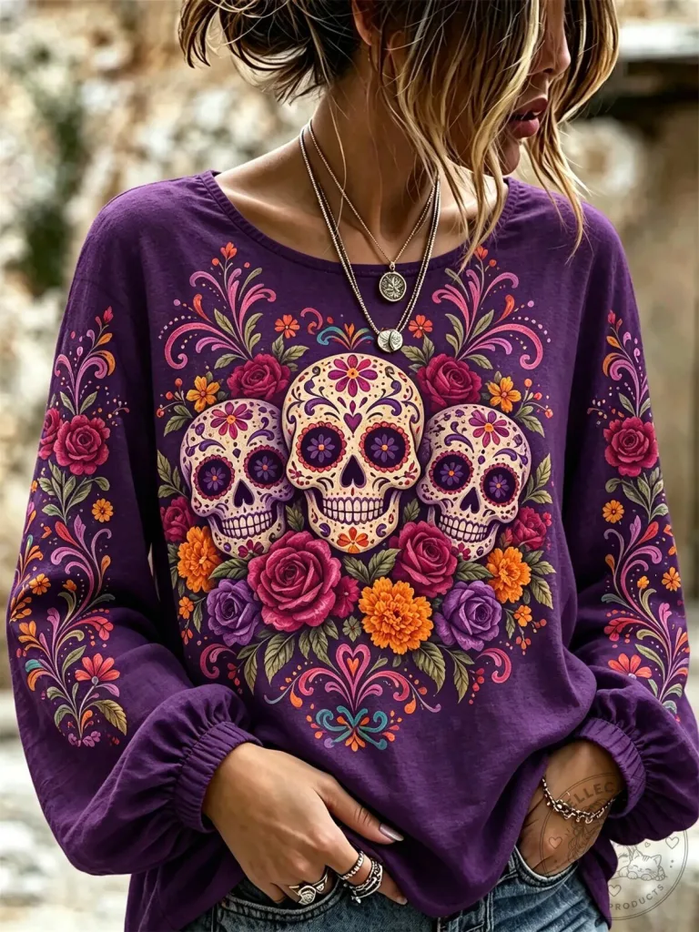 Day of the Dead Sugar Skull Floral Print Purple Long-Sleeve Shirt