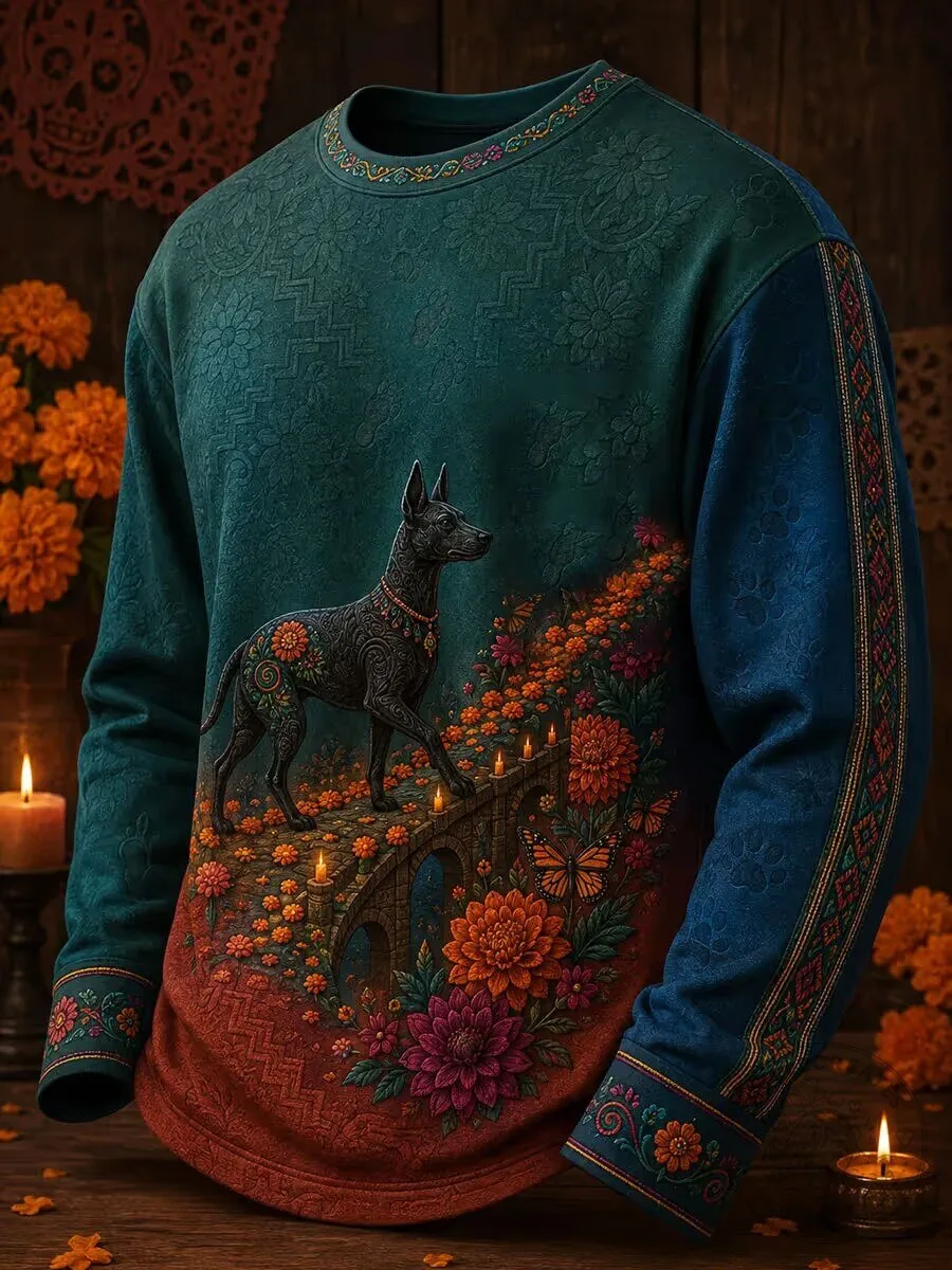 Day of the Dead Xoloitzcuintli Dog Floral Bridge Crewneck Sweatshirt