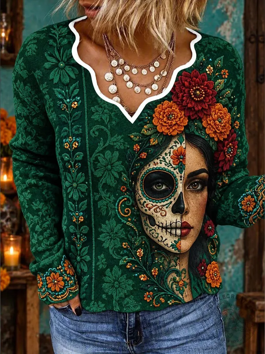 Day of the Dead Sugar Skull Floral Green V-Neck Long Sleeve Shirt