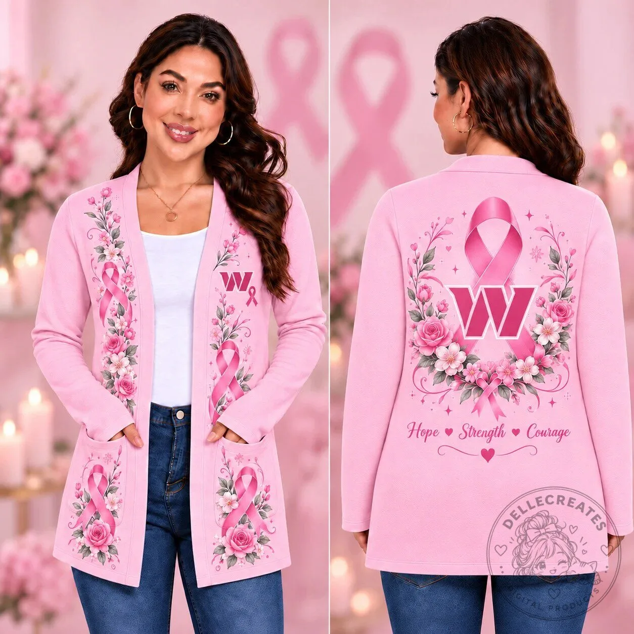 Floral Cardigan Sweater with Pink Ribbon for Hope, Strength, and Courage in Breast Cancer Awareness