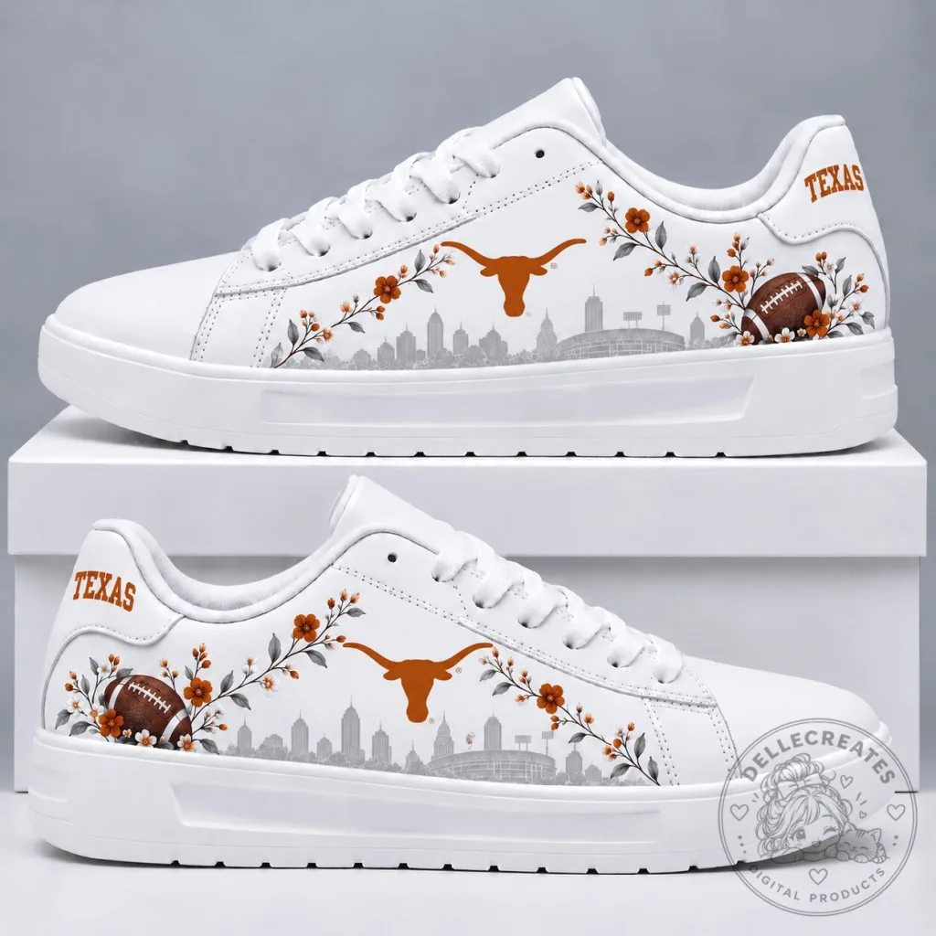 Texas Longhorns Football Floral Pattern White Sneakers